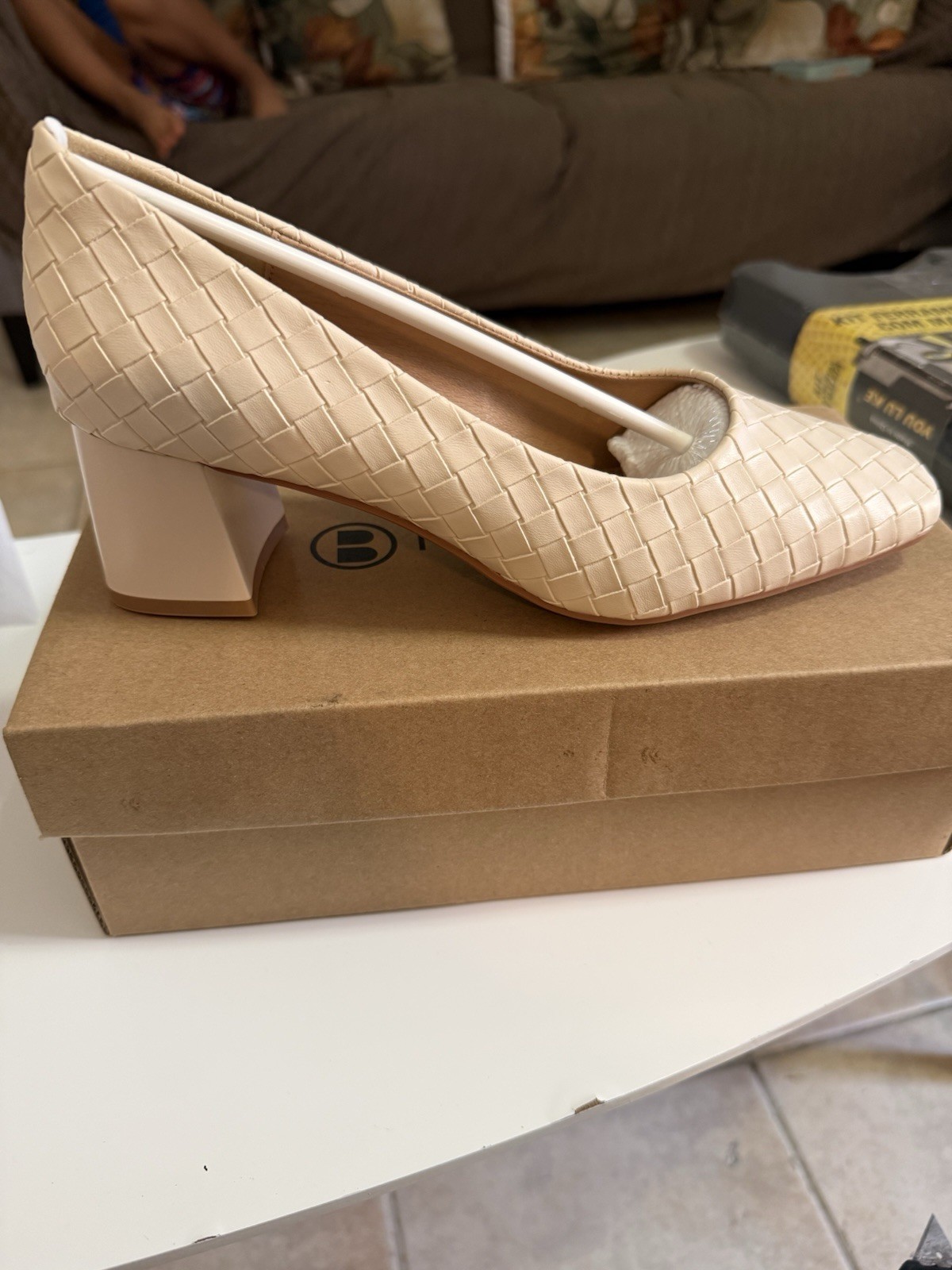 NEWBELLA Women’s Beige Woven Leather Round Toe Slip-On Pumps Size 8.5