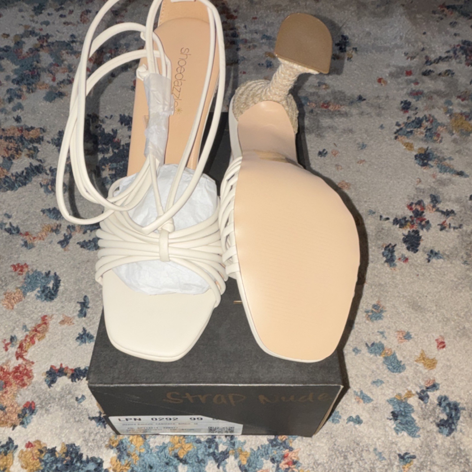 Shoezzepos Women’s Beige Strappy Ankle Strap Lace-Up Square Toe Heels US 10