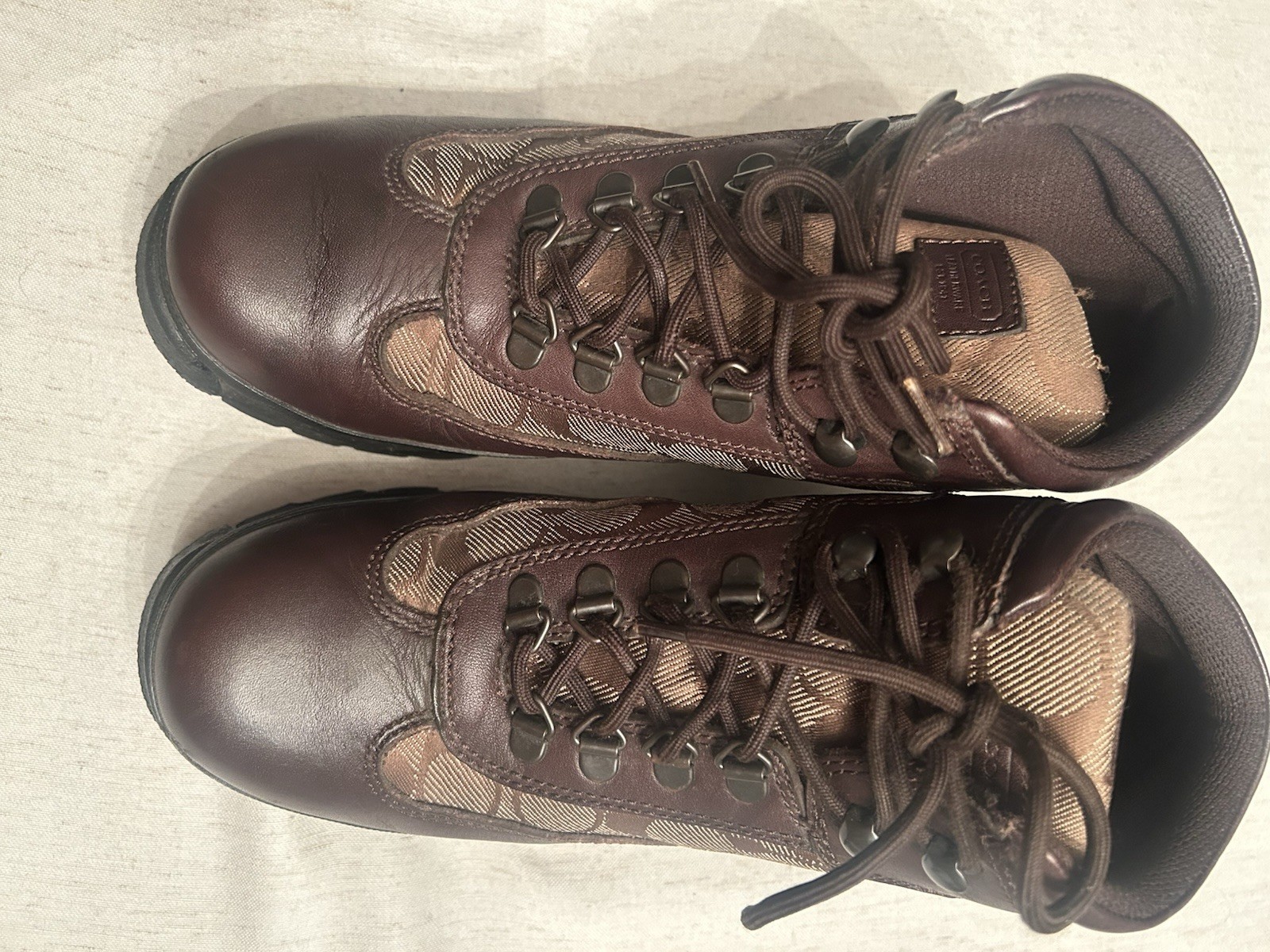 Coach Womens Hannah Brown Leather Signature Monogram Canvas Hiking Ankle Boots