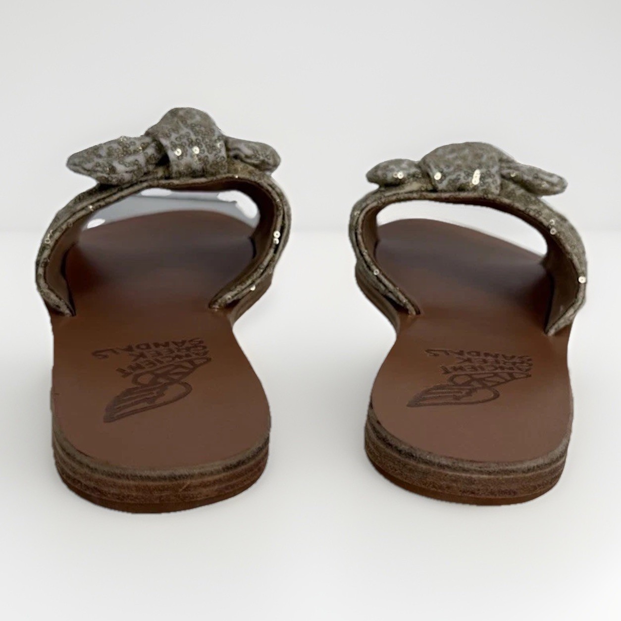 Ancient Greek Sandals Gold Sequin Bow Slide Sandals NWOB Dust Bag EU 37 US 7