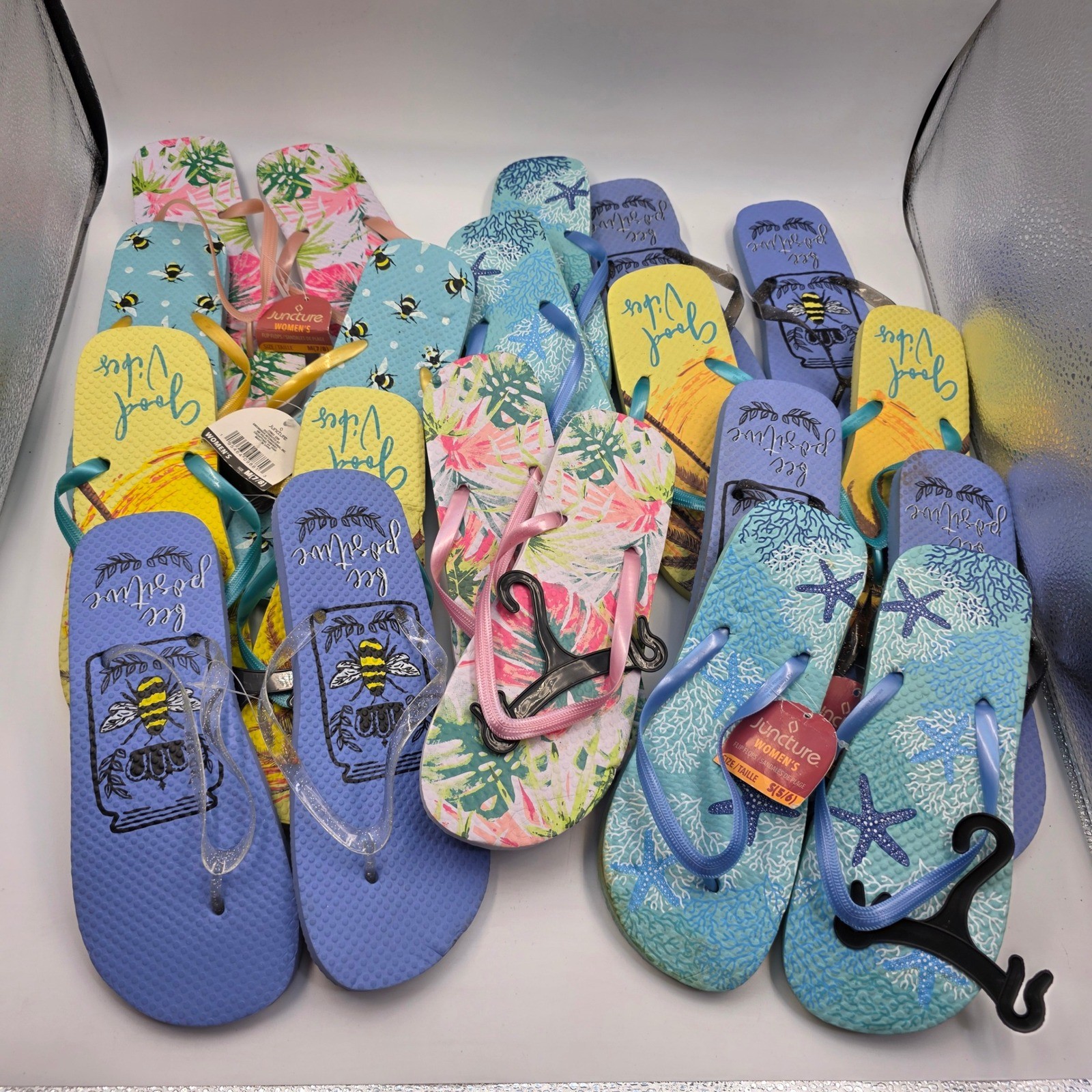 Lot of 10 Juncture Womens Flip Flops Sandals Summer Prints Bee Starfish NWT