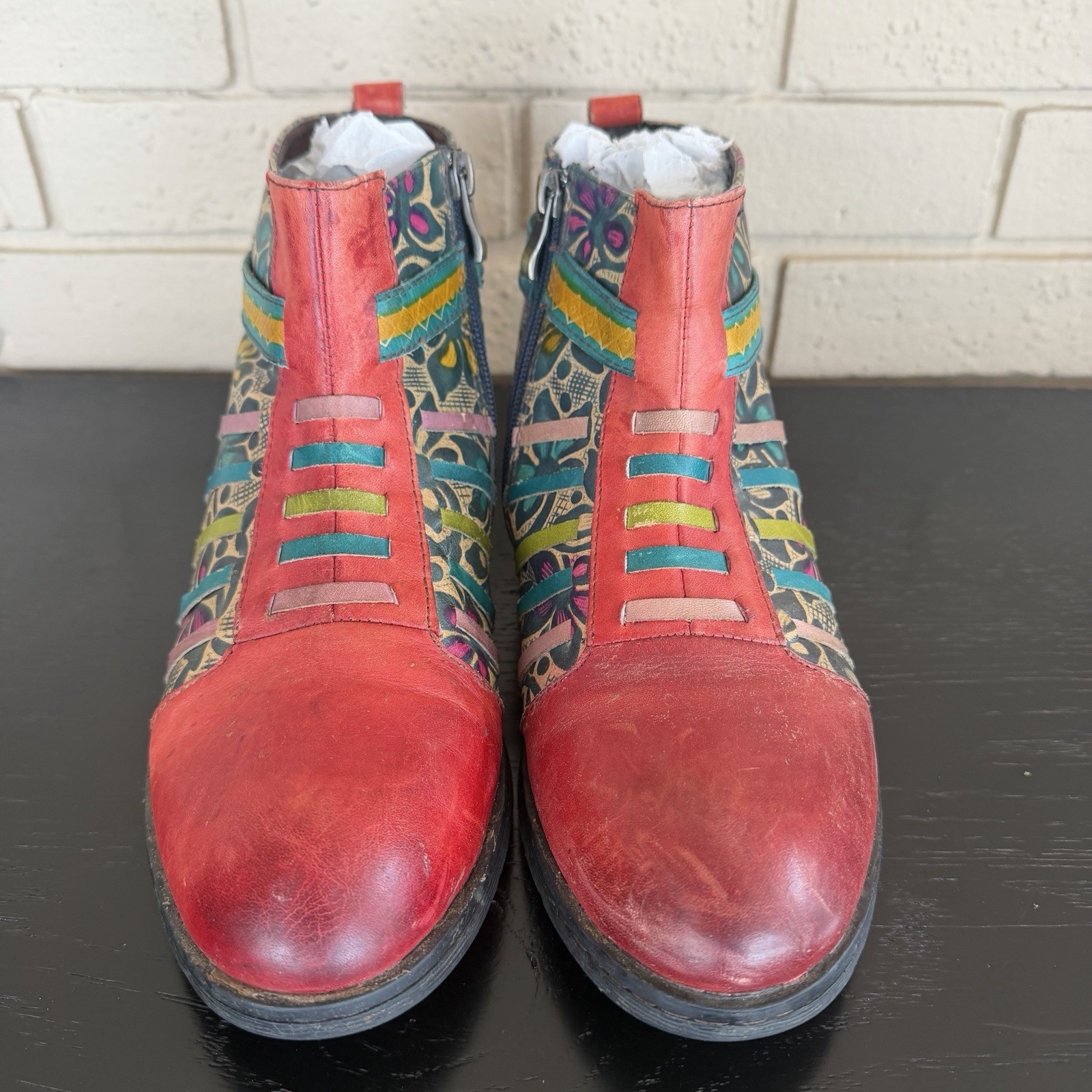Socofy Leather Art To Wear Boho Floral Ankle Boots Hippie Artisan EU 40 US 9