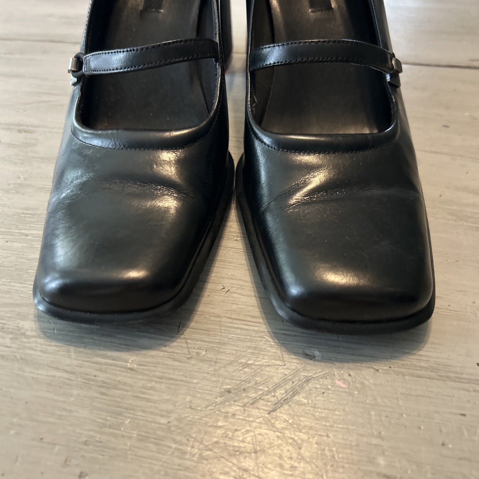 Vtg Unisa Black Leather Block Heel Square Toe Mary Jane Sz 9 Dark Academia