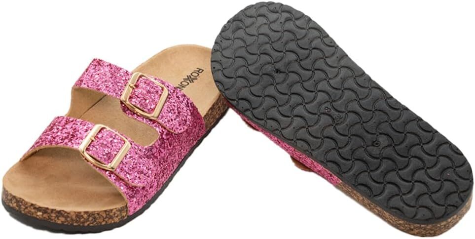 Very Peri Womens Glitters Comfort Flat Sandals Double Buckle Straps Flat Slides