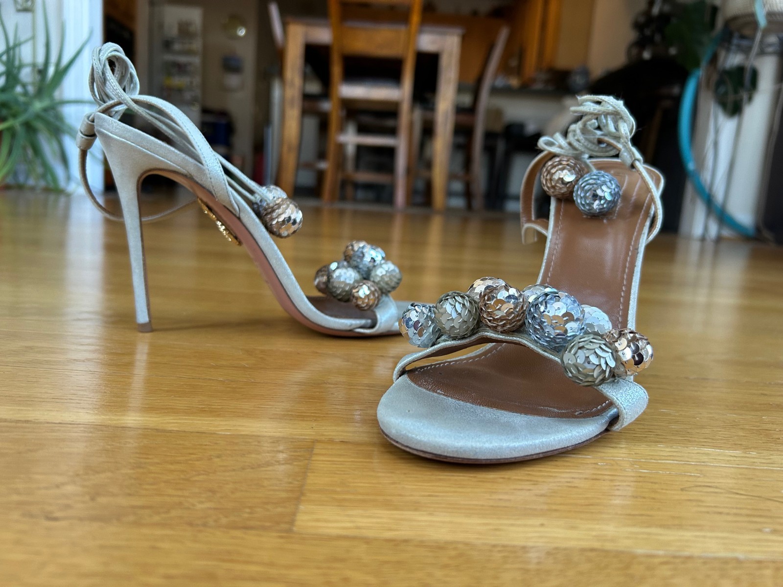 AQUAZZURA Metallic & Nude Disco Thing Suede Sequined Pom-Pom Sandals IT 39 Good