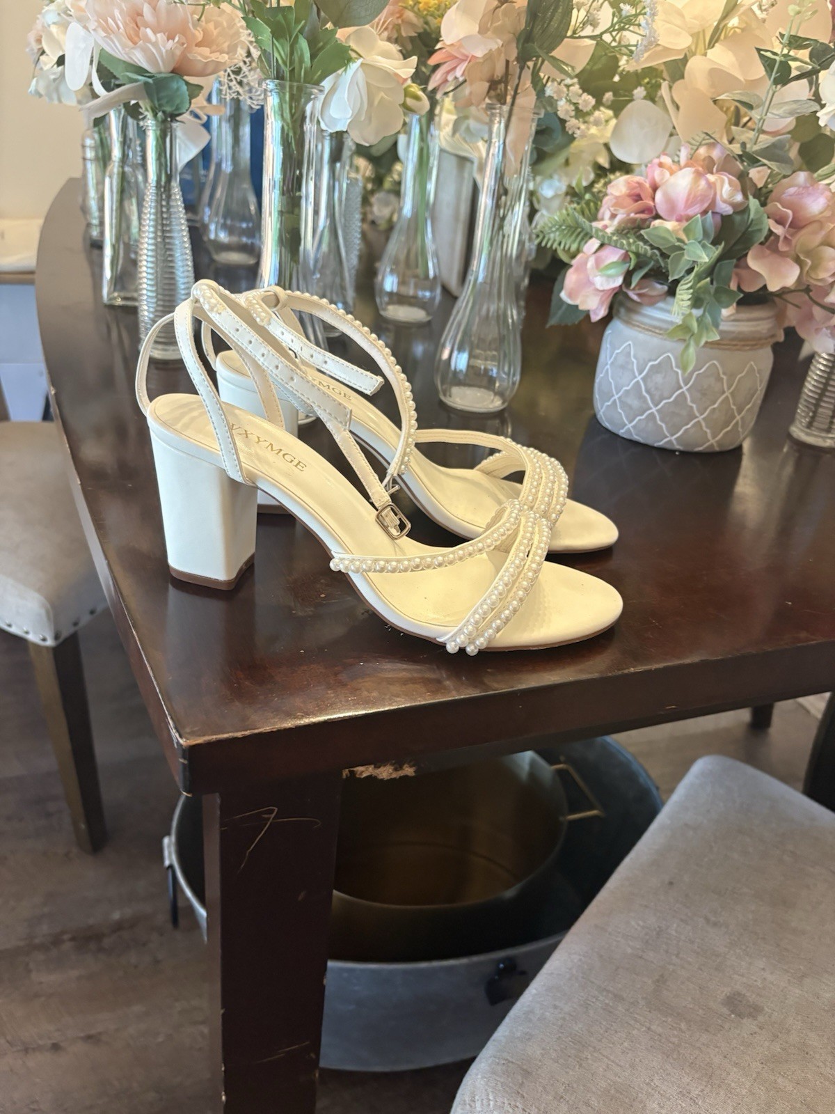 YAYNIGE Ivory Satin Pearl Beaded Ankle Strap Open Toe Buckle Heels 8.5