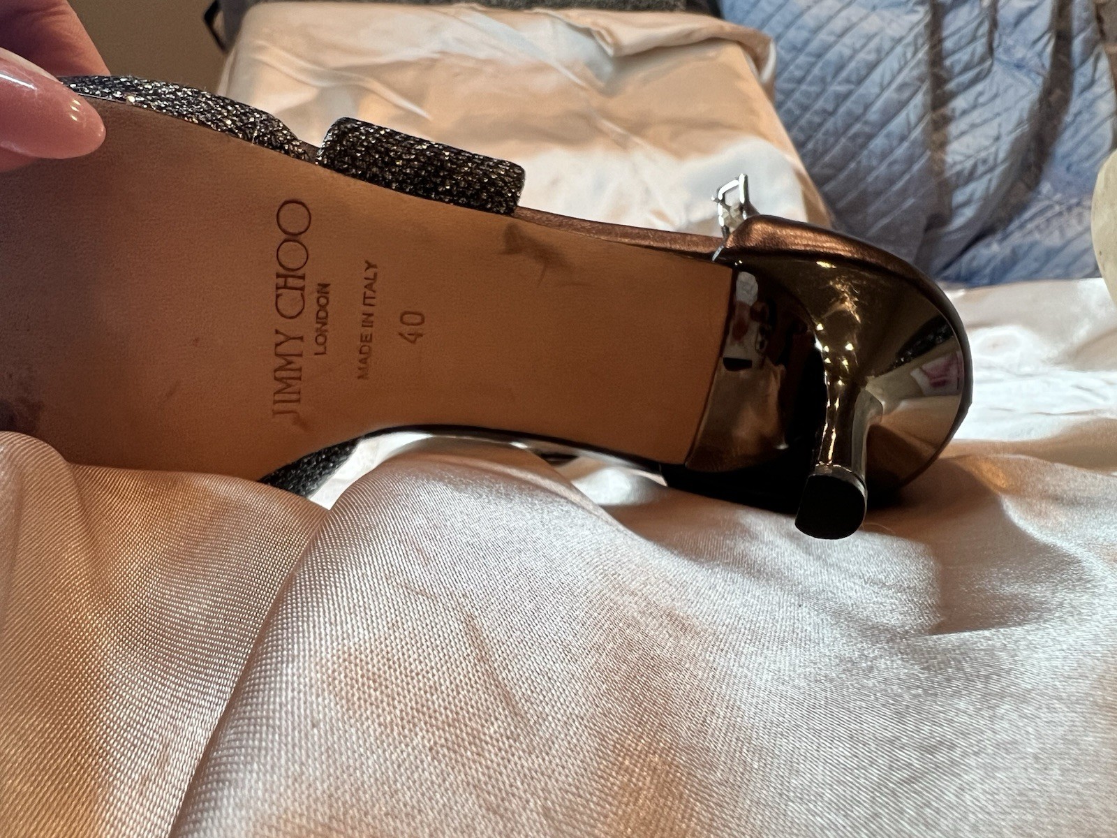 Jimmy Choo Black/Silver Glitter Ankle Strap Stiletto Open Toe Leather 9.5