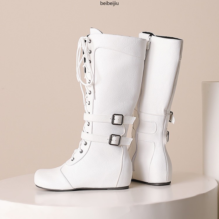 Women’s Mid Calf Hidden Wedge Heel Boots Lace Up Buckle Casual Shoes 48/49/50