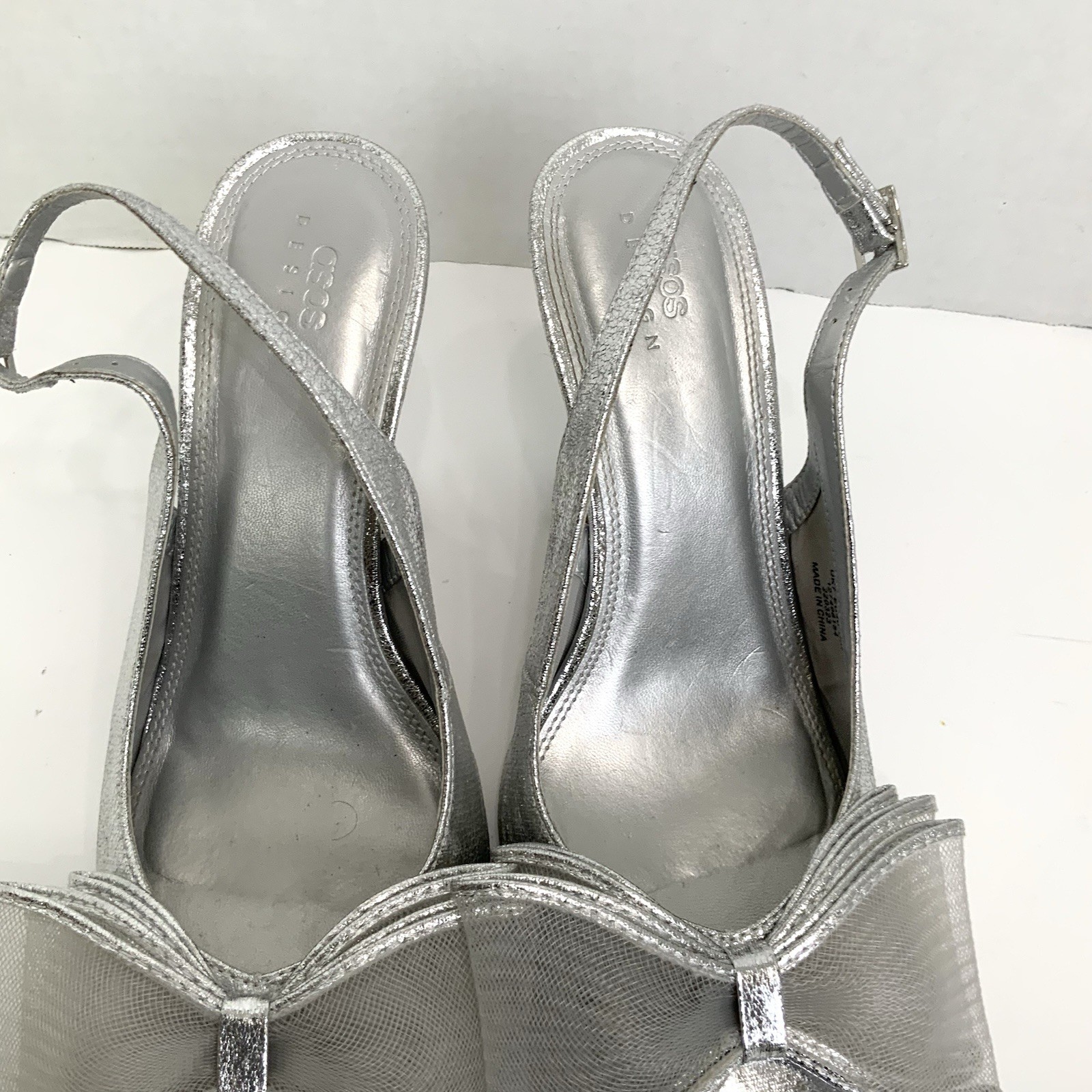 ASOS DESIGN Sz 9 Metallic Silver Princess Bow Slingback Heels Shoes Wedding
