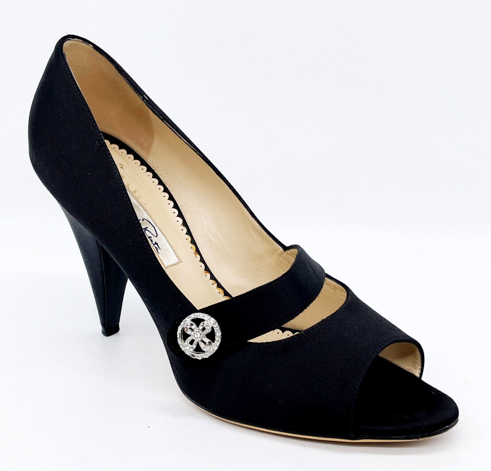 Oscar De La Renta Pumps Open Toe Black Satin Crystal Embellished Buckle Size 39