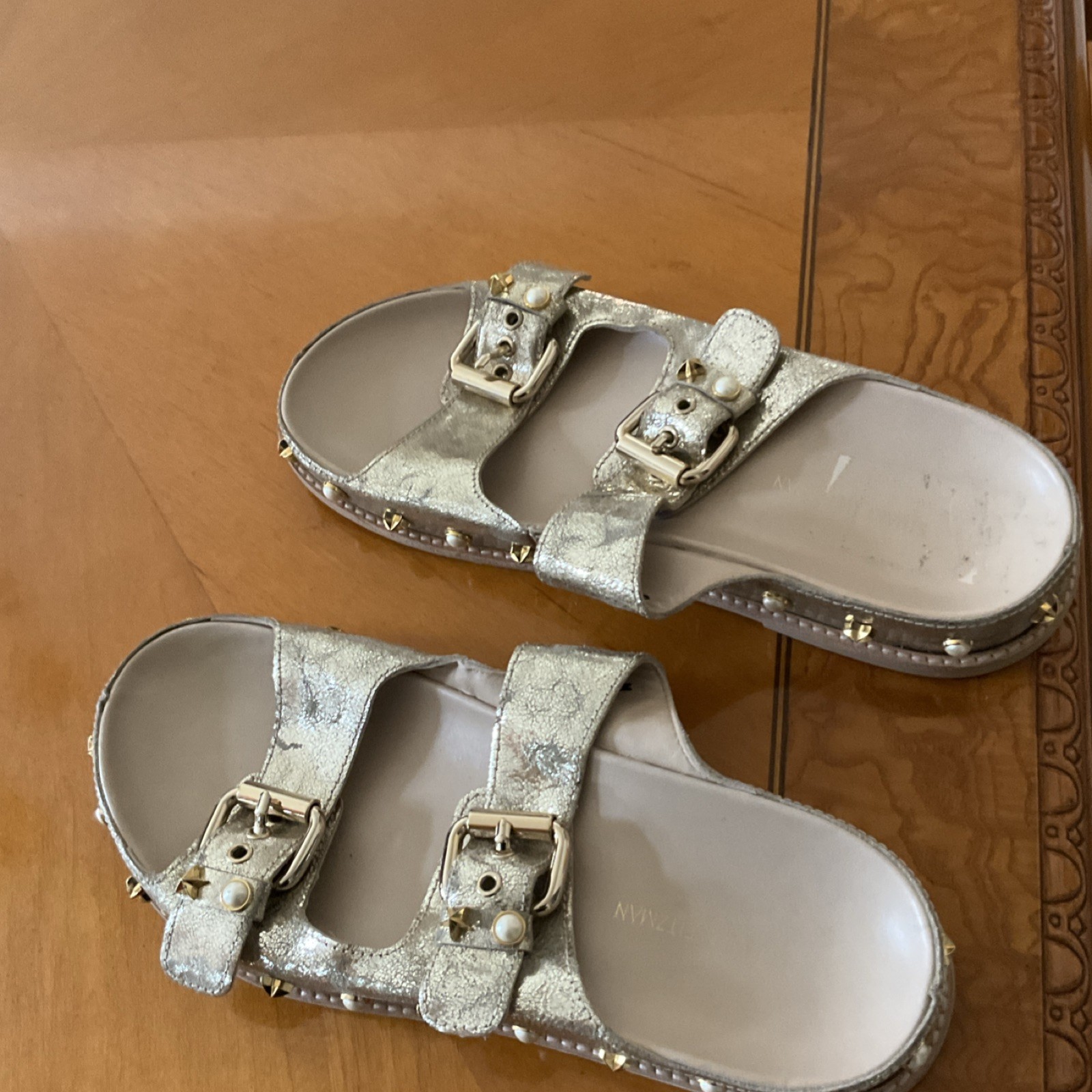 Stuart Weitzman Silver Studded Pearl Buckle Slide Sandals Leather Women’s 8