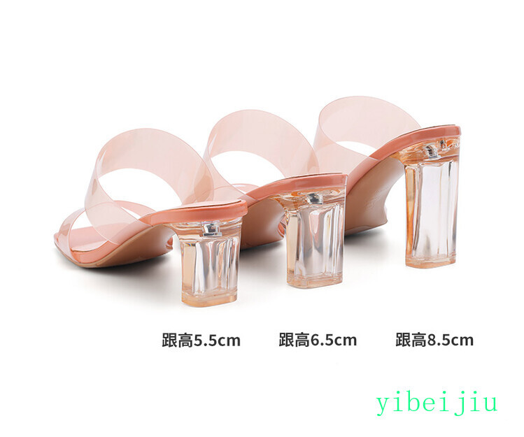 Womens Square Toe Clear Crystal Heel Sandals Mules Slides Dress Party Sexy Shoes