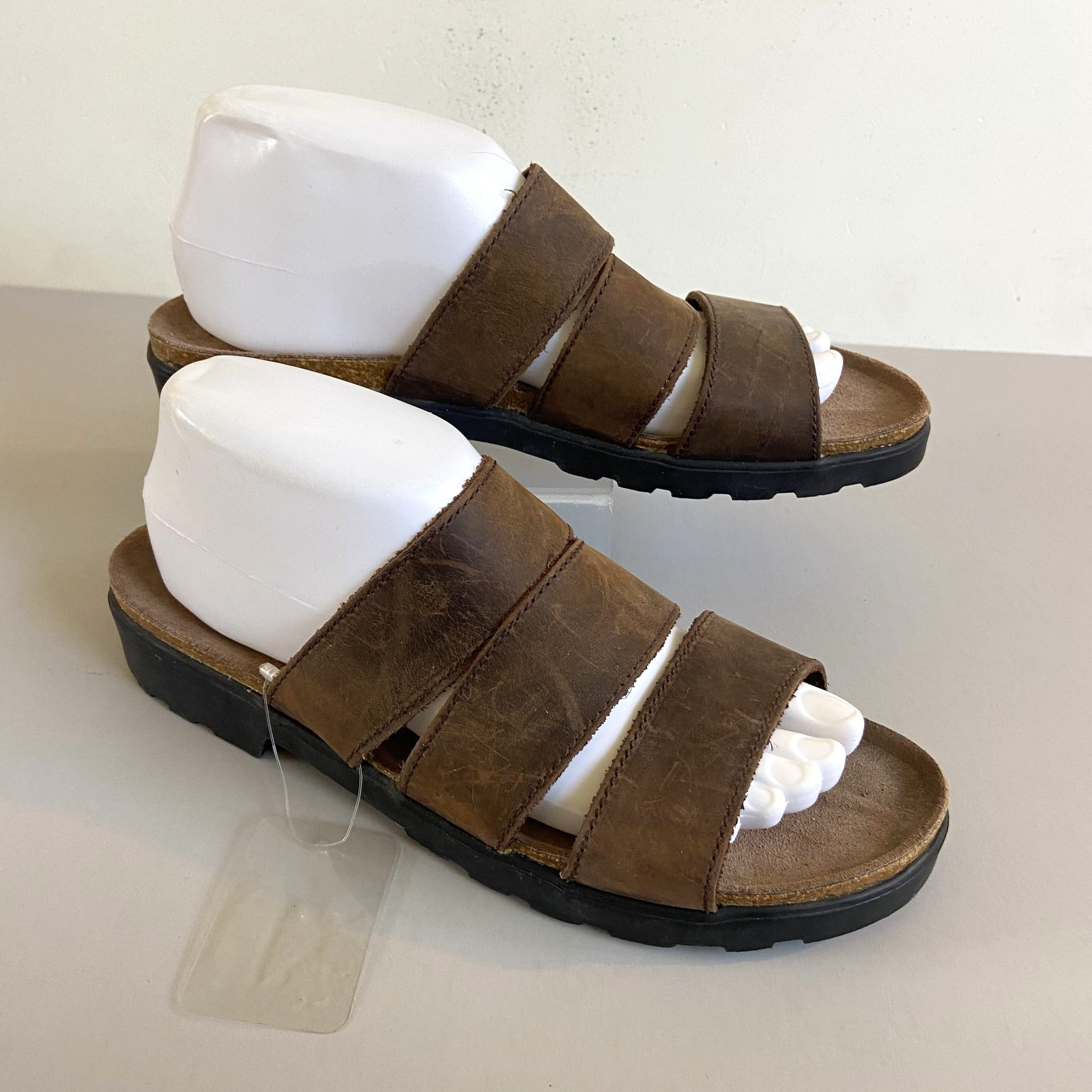 Biostep Cork Slip On Sandals Womens Sz 9 Brown Comfort Slides Leather 3 Strap