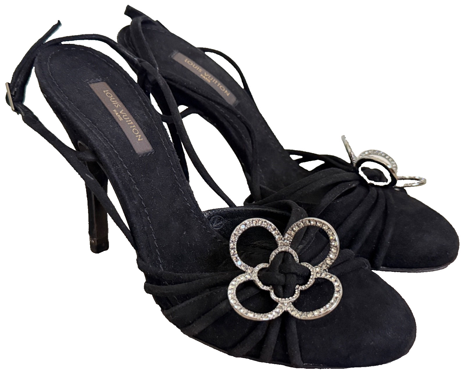 Louis Vuitton Monogram Flower Logo Crystal Black Suede Slingback Pumps 36 $1695