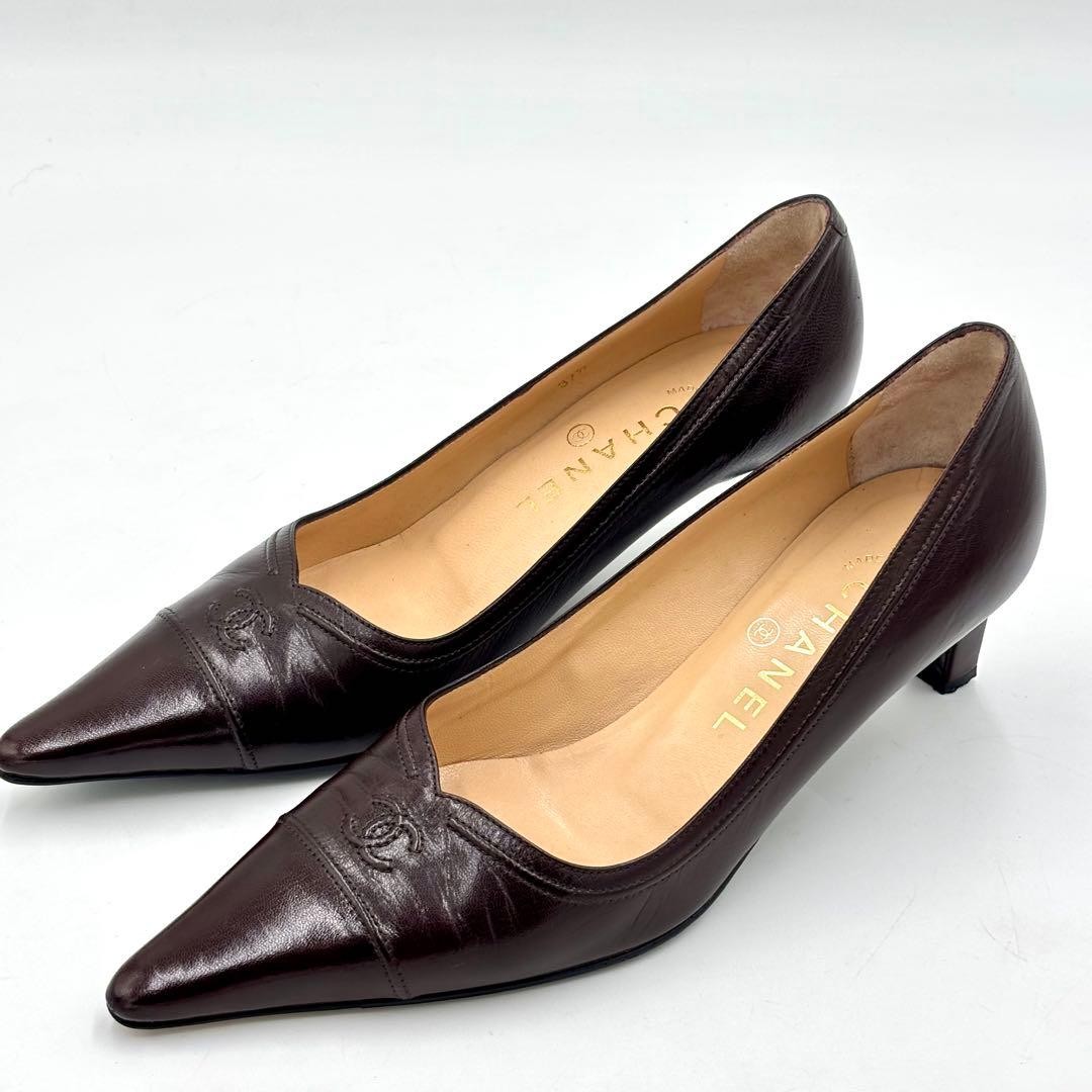 CHANEL Leather Pointed Toe Pumps Size 37.5C Dark Brown Classic Design