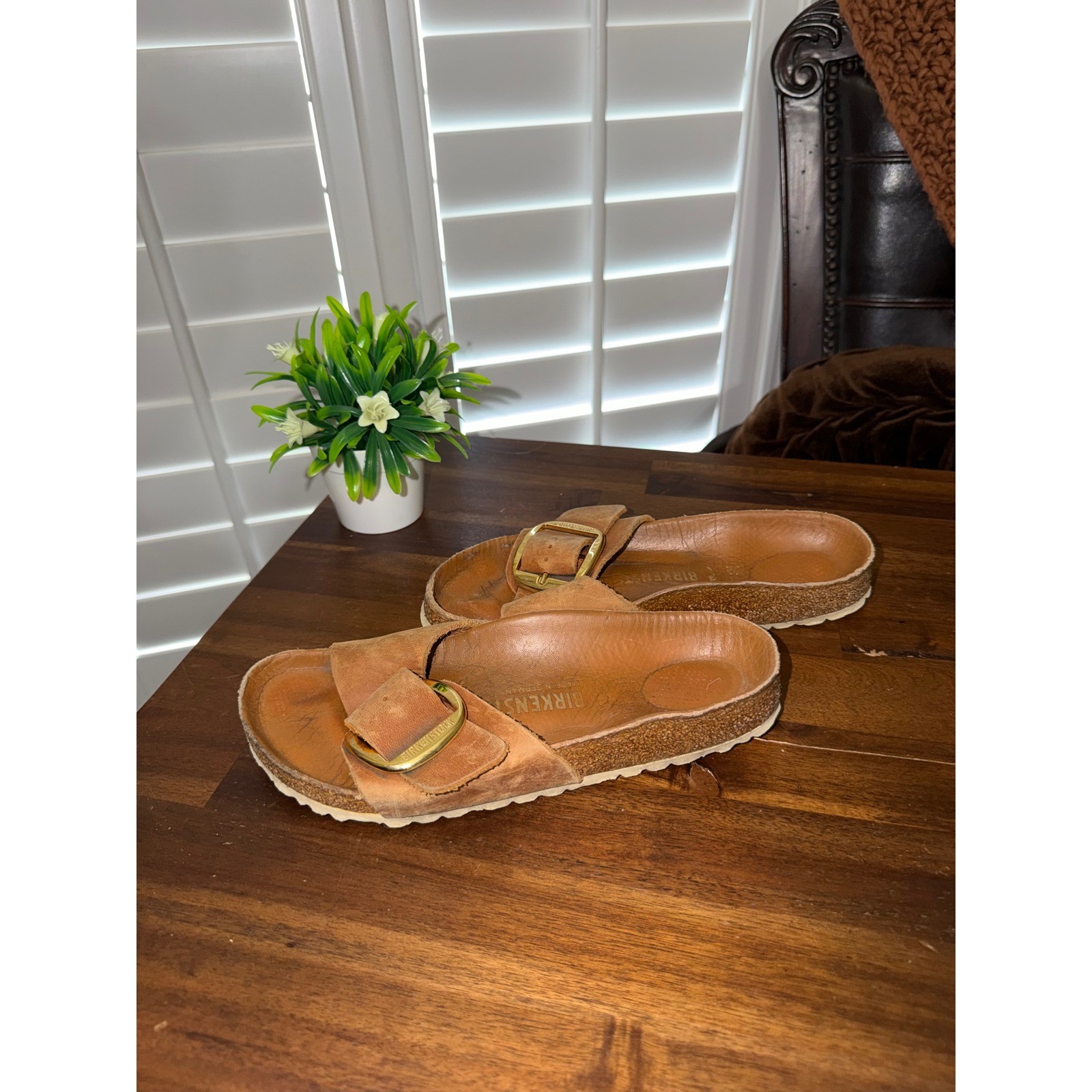 Birkenstock Madrid Big Buckle Cognac Leather Slide Sandals Gold Buckle Size 38