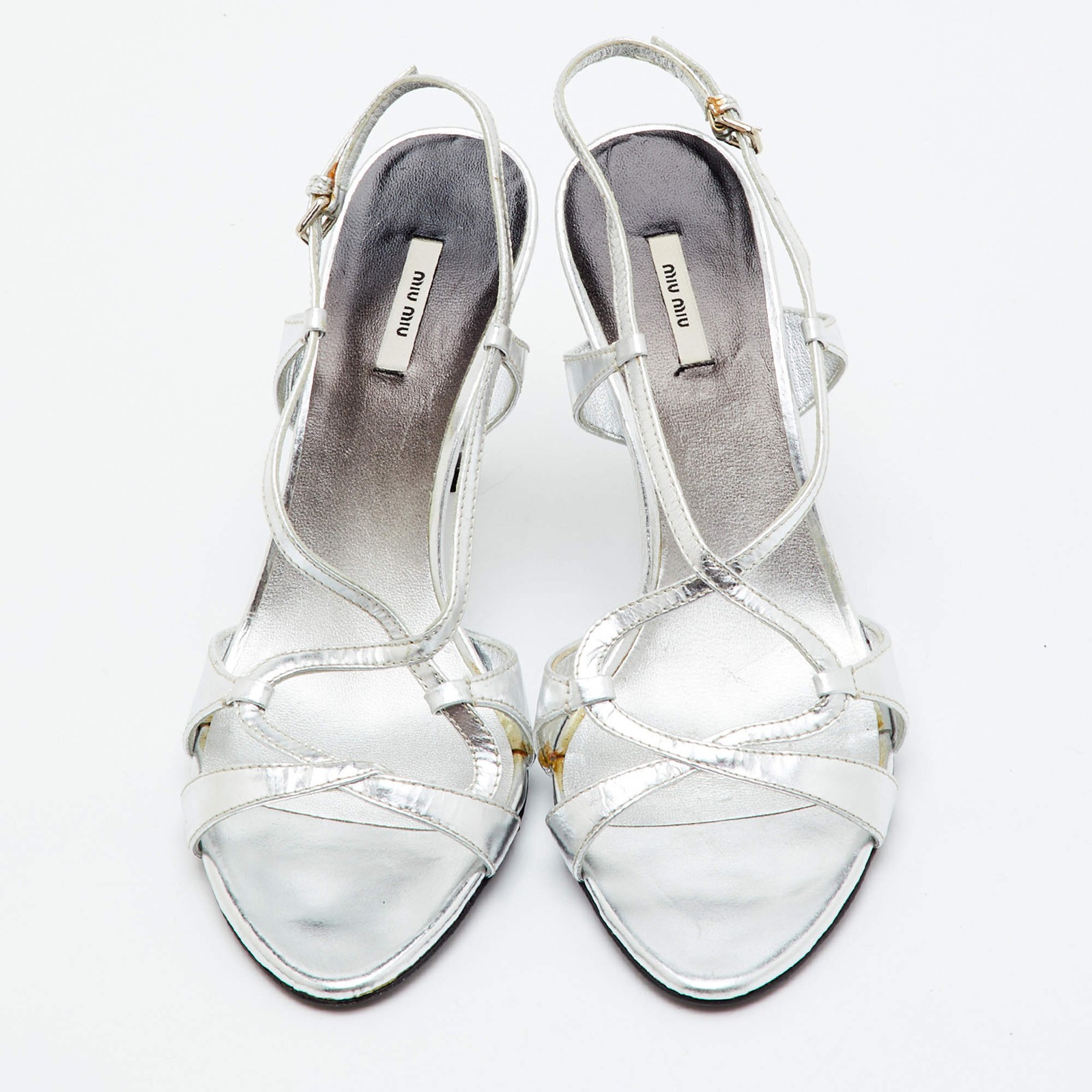 Miu Miu Size 36 Metallic Silver Leather Open Toe Slingback Sandals