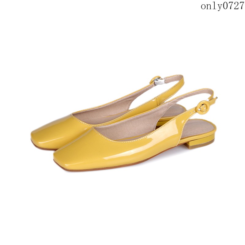 Women Patent Leather Square Toe Slingback Flat Ankle Buckle Office Casual Shoes