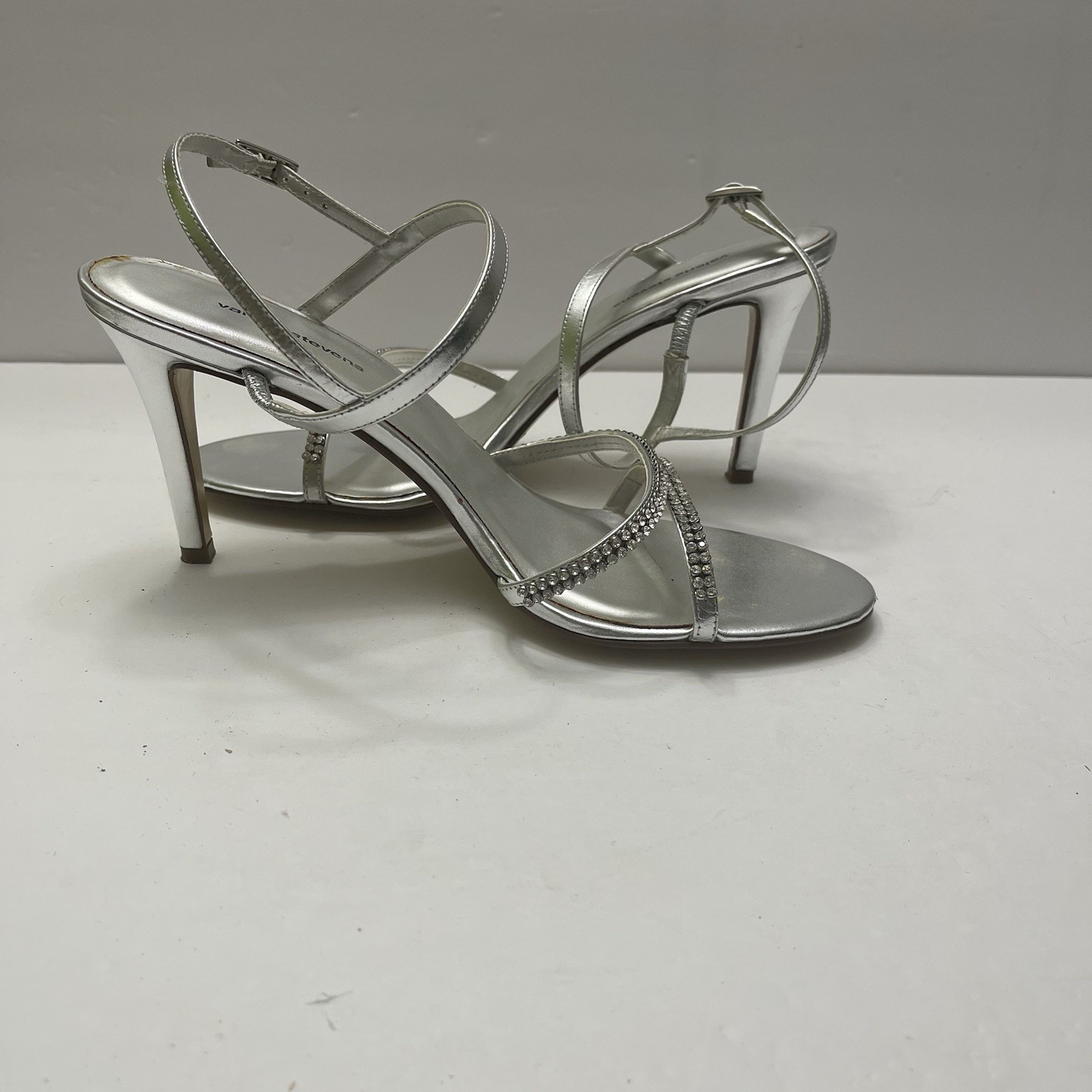 VALERIE STEVENS Royal Silver Rhinestone Sandal Sz 8 Strappy Heel Wedding Holiday