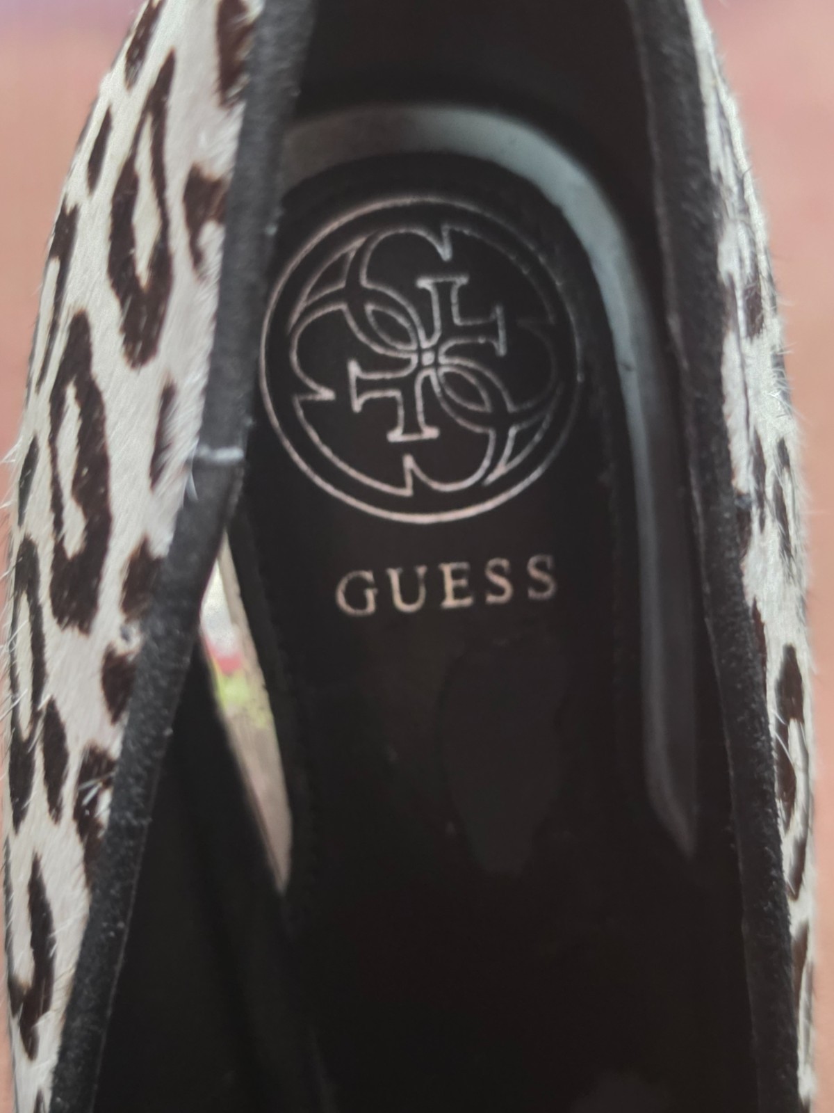 Guess Size 9 Women’s Honorayly White/Black Leopard Print Stilettos Heels