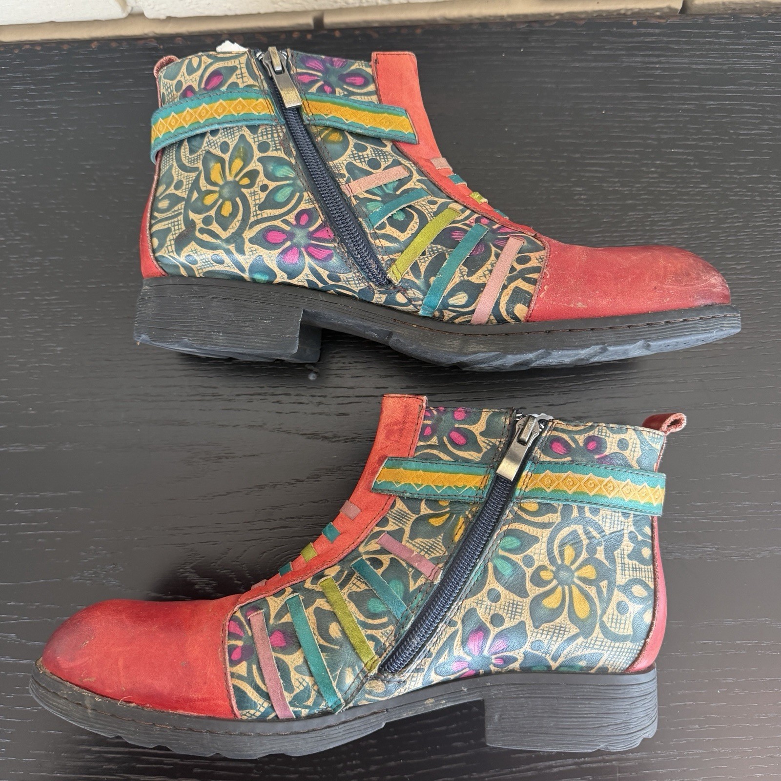 Socofy Leather Art To Wear Boho Floral Ankle Boots Hippie Artisan EU 40 US 9