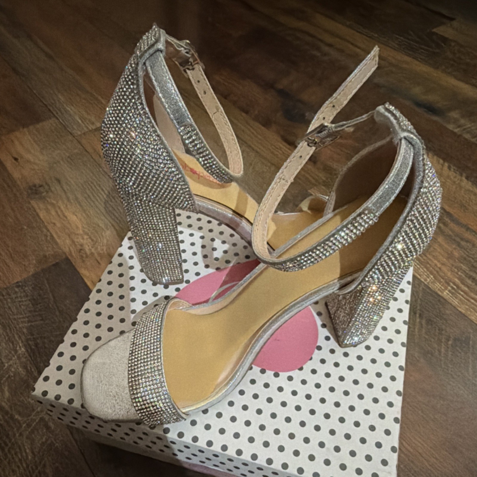 Delicious Silver Rhinestone Strappy Block Heel Ankle Strap heels Size 7