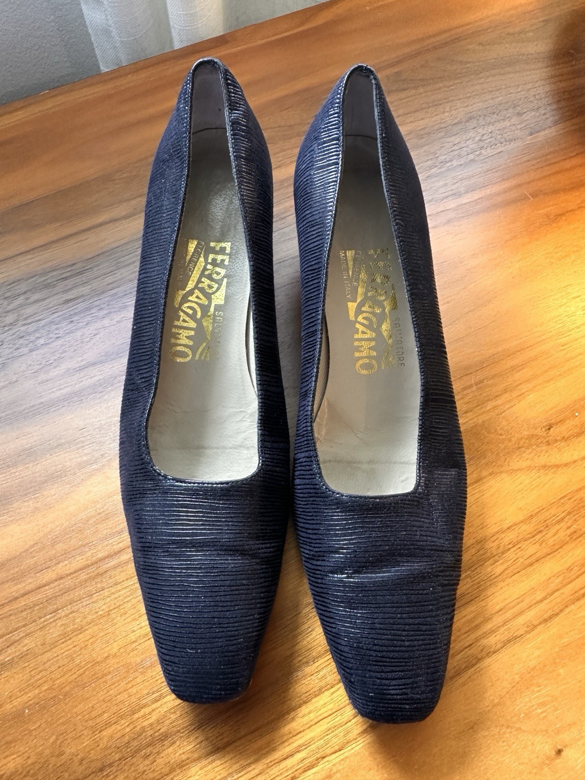 Ferragamo Women’s Pumps, Navy, Square Toe, Size 6.5 AAA