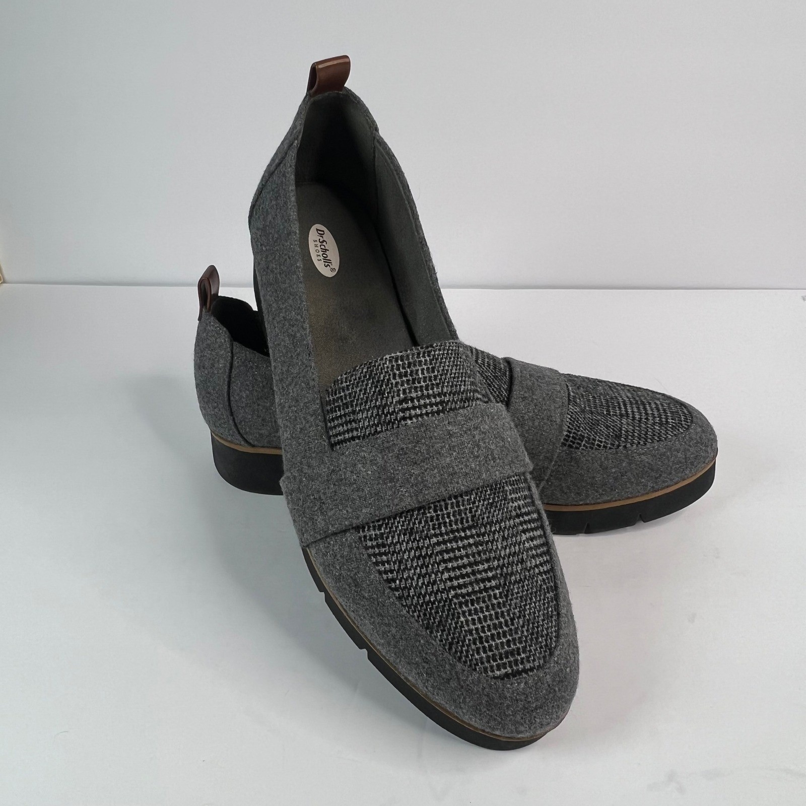 Dr Scholls Essential Collection Women Mid Grey Plaid Loafer Shoes Size 8.5 Med
