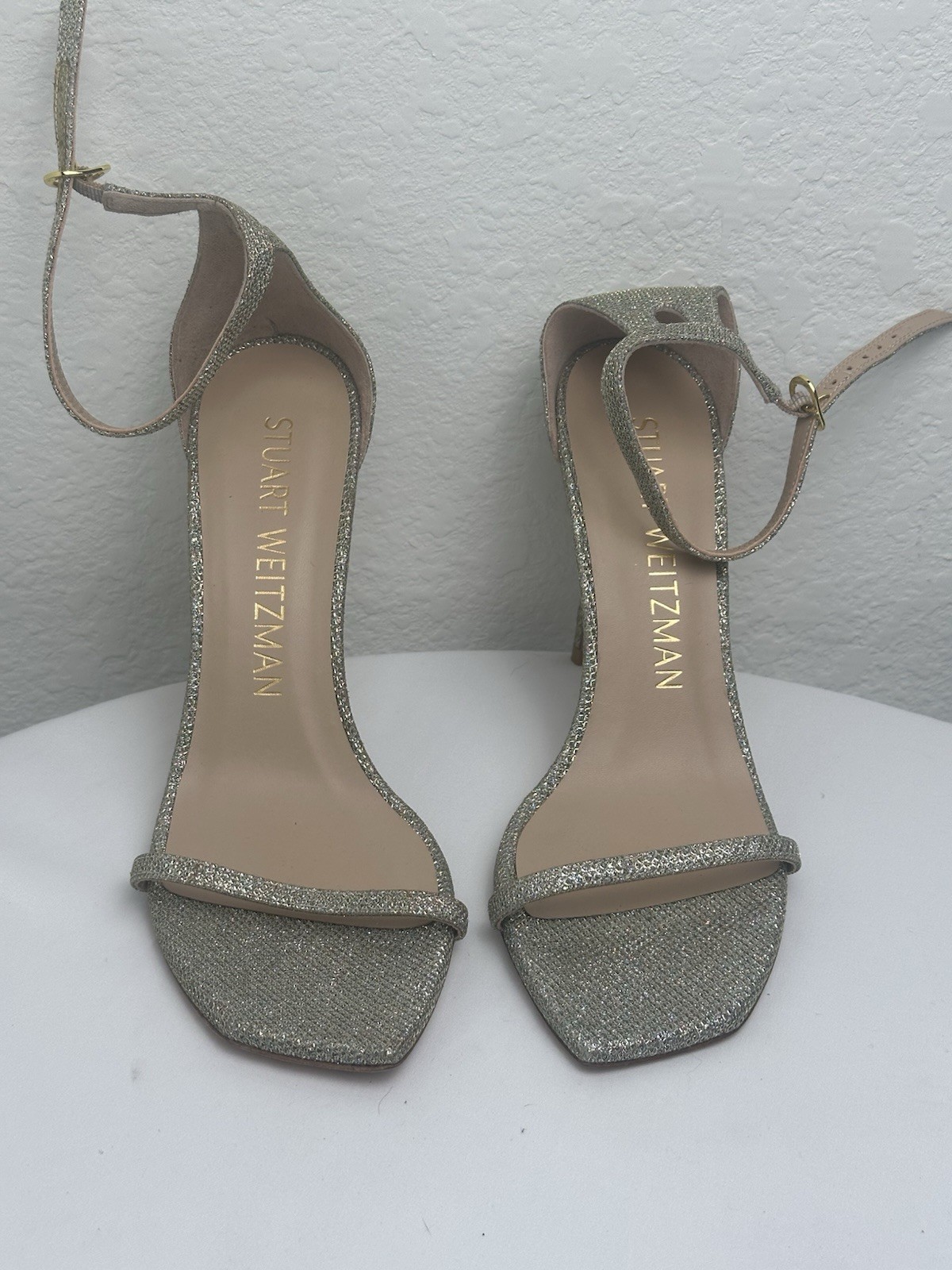 Stuart Weitzman Women’s Silver Glitter Strappy Ankle Strap Square Toe Heels 10B