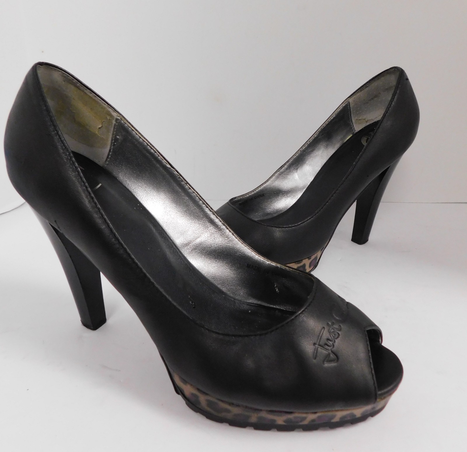 Just Cavalli Black Leather Pump Open Toe Heels Leopard Trim 39