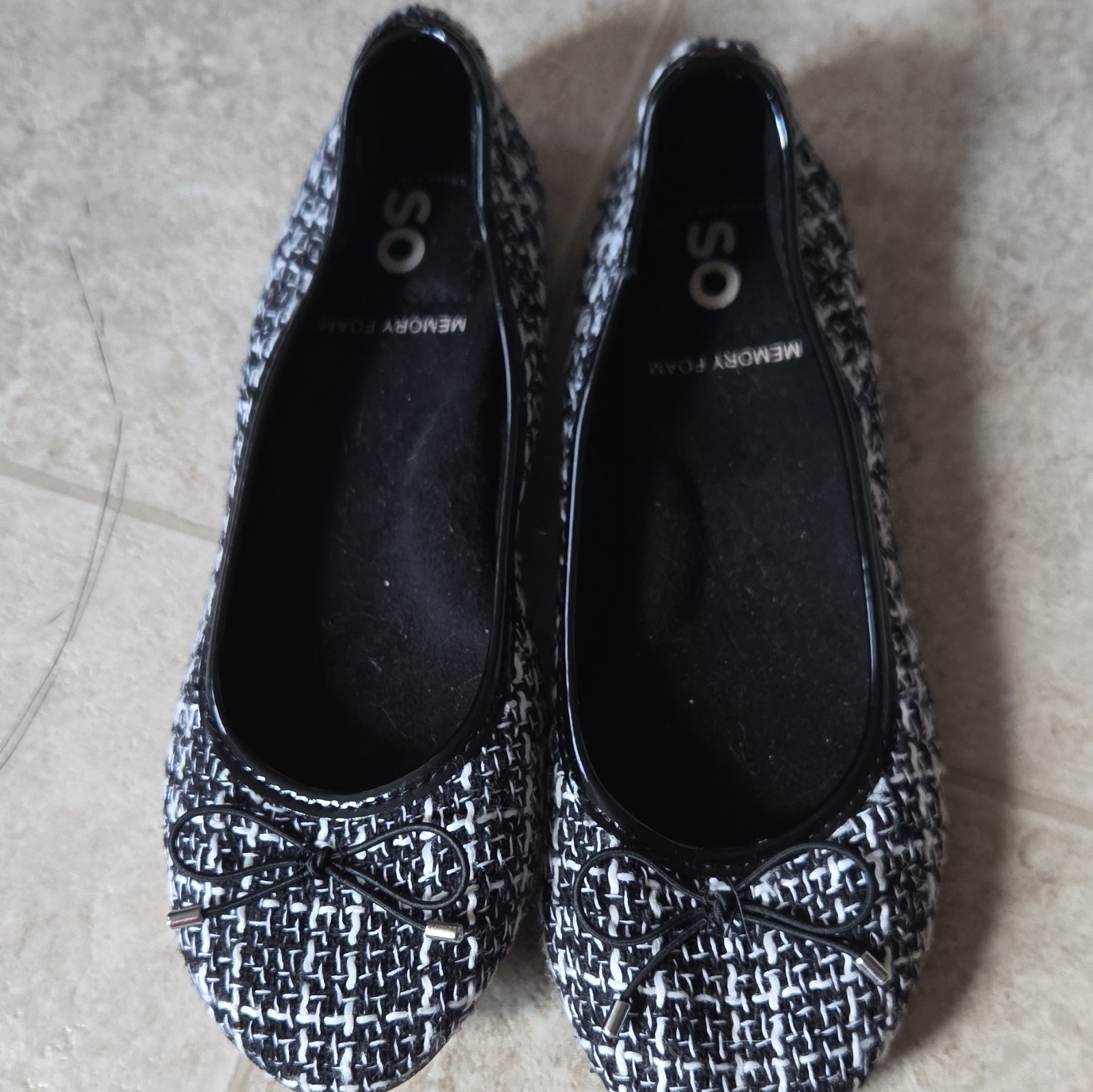 SO Women’s Tweed Ballet Flats Black/White Bow Slip-On Round Toe US 6 M