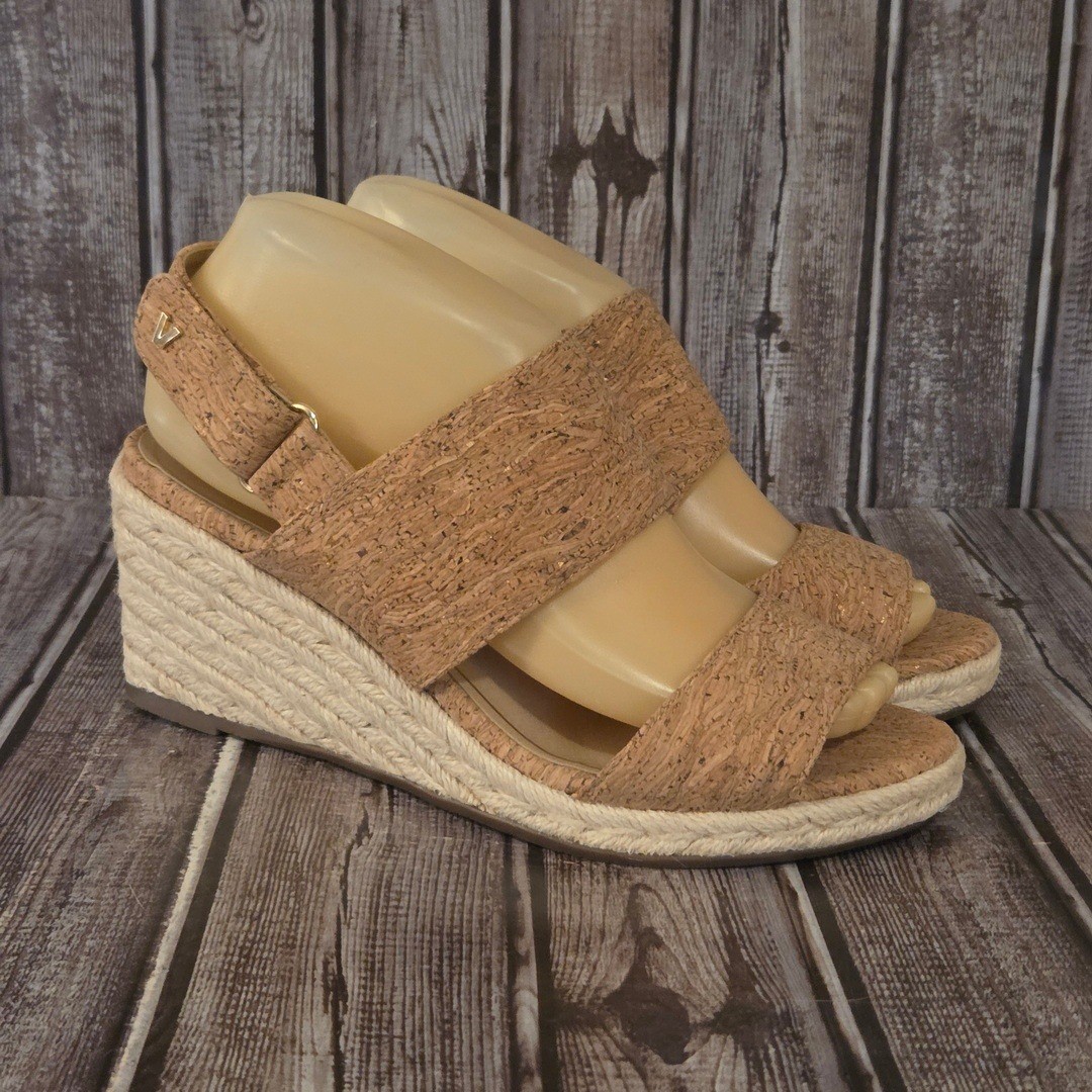 Sz 7.5 Wide Womens Vionic Brooke Cork Tan Gold Espadrille Wedge Sandals VGUC