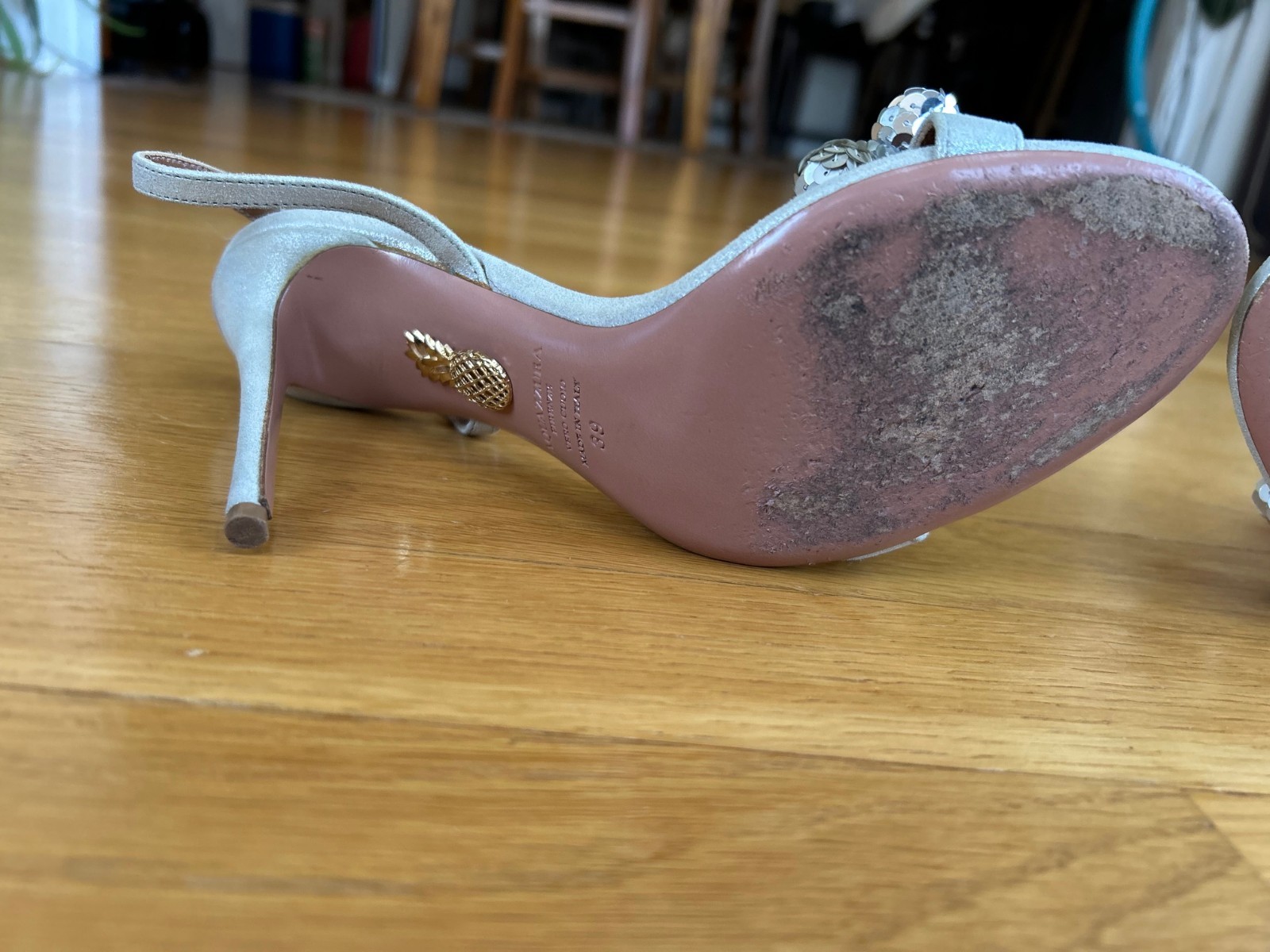 AQUAZZURA Metallic & Nude Disco Thing Suede Sequined Pom-Pom Sandals IT 39 Good