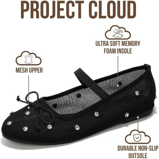 Project Cloud Amity Ballet Flats for Women, Black, 8
