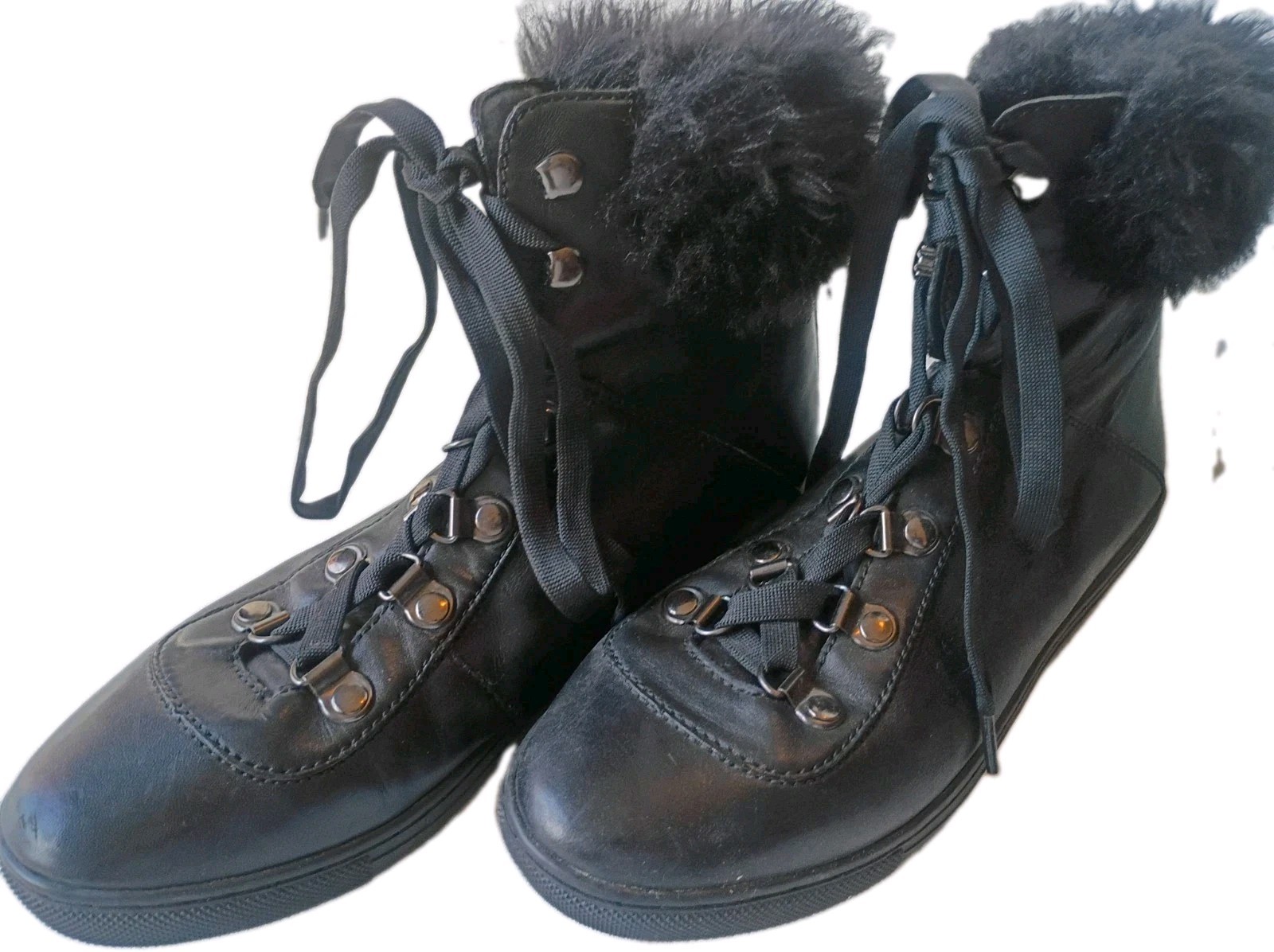 Pour La Victoire Black Leather Hi Top Sneakers Faux Fur Trim Women’s Size 7 Boot