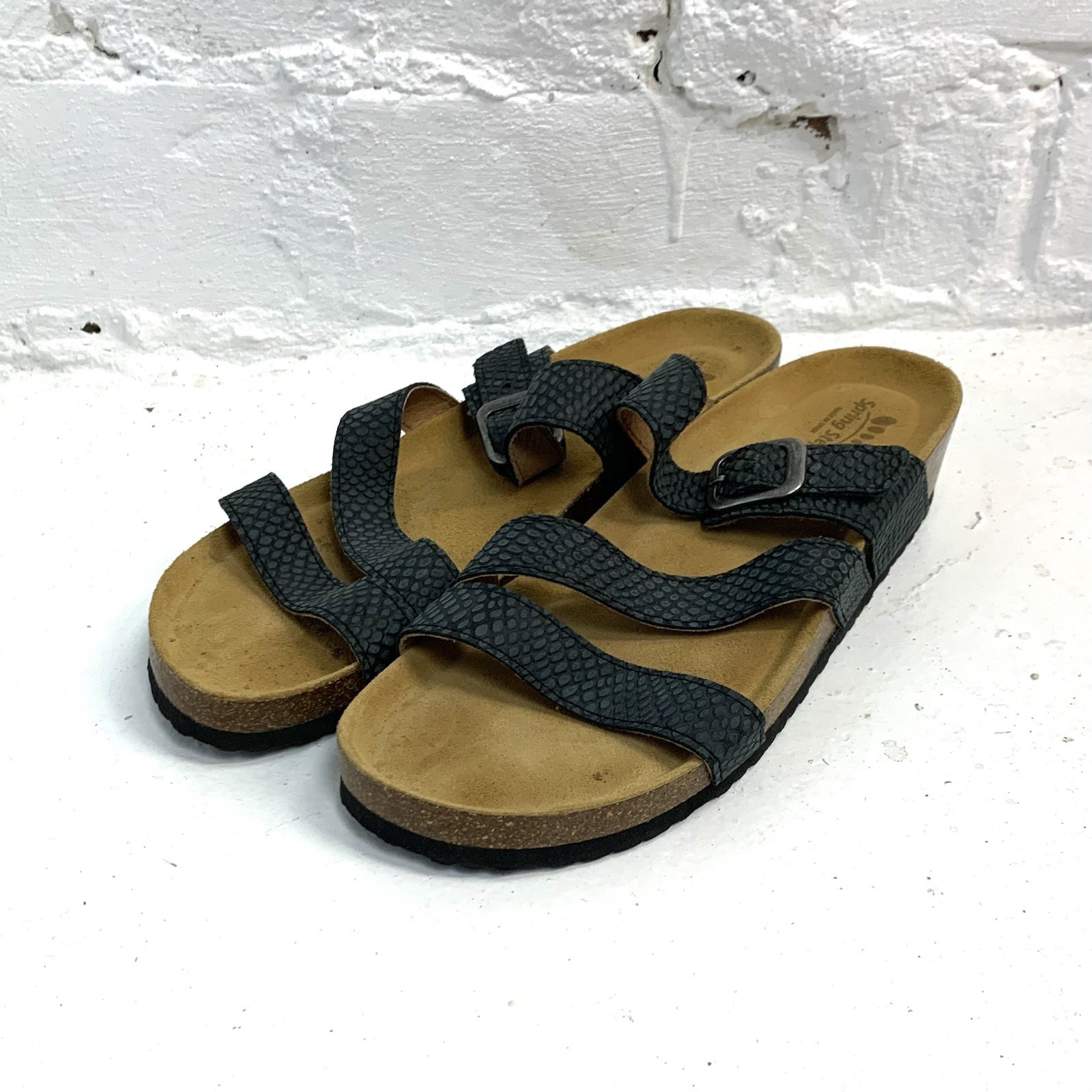 Spring Step Flossie Sandals Size 42 Slip On Cork Embossed Leather Comfort Black