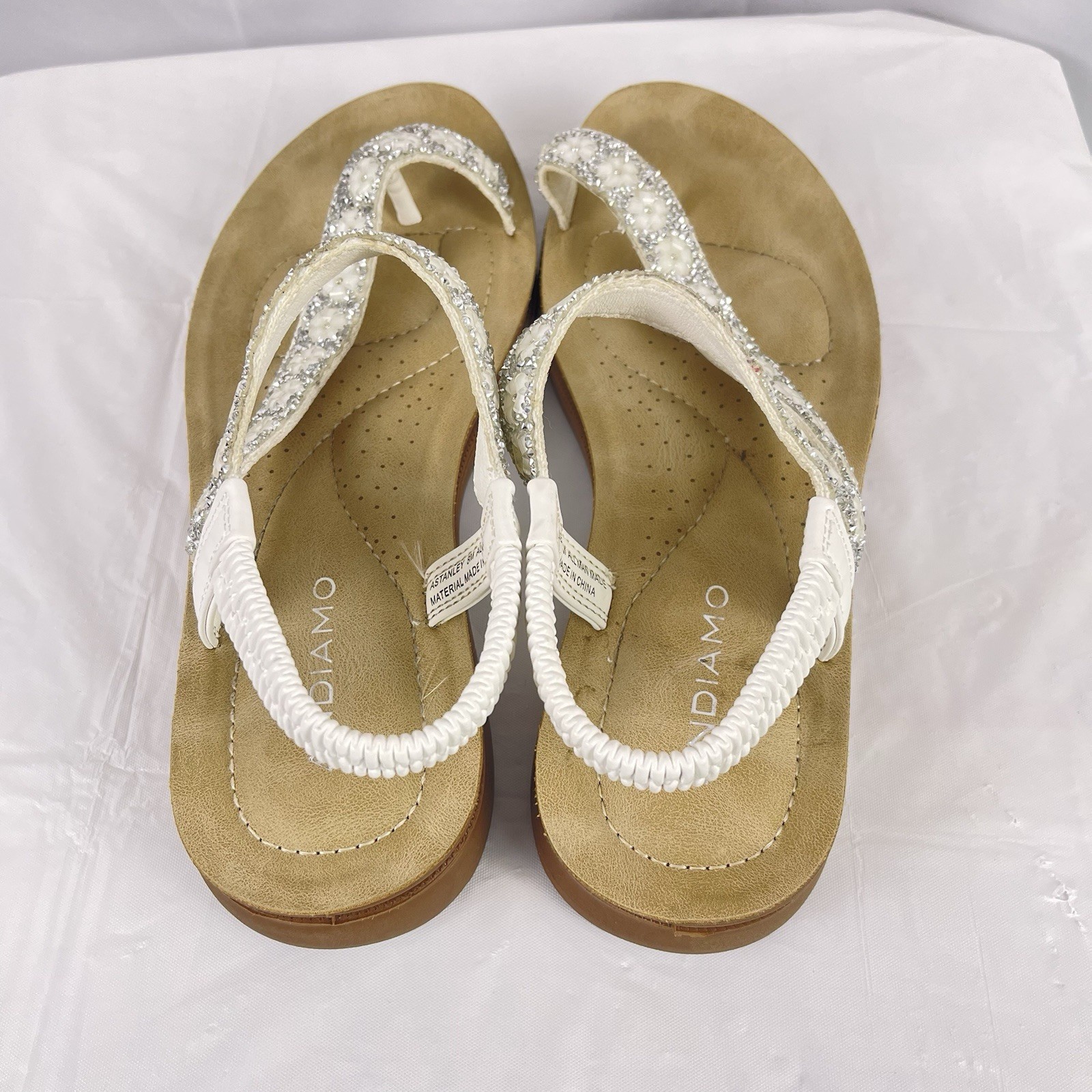 Andiamo Women Sandals 8M White Beaded Rhinestone Slingback Comfort Flat