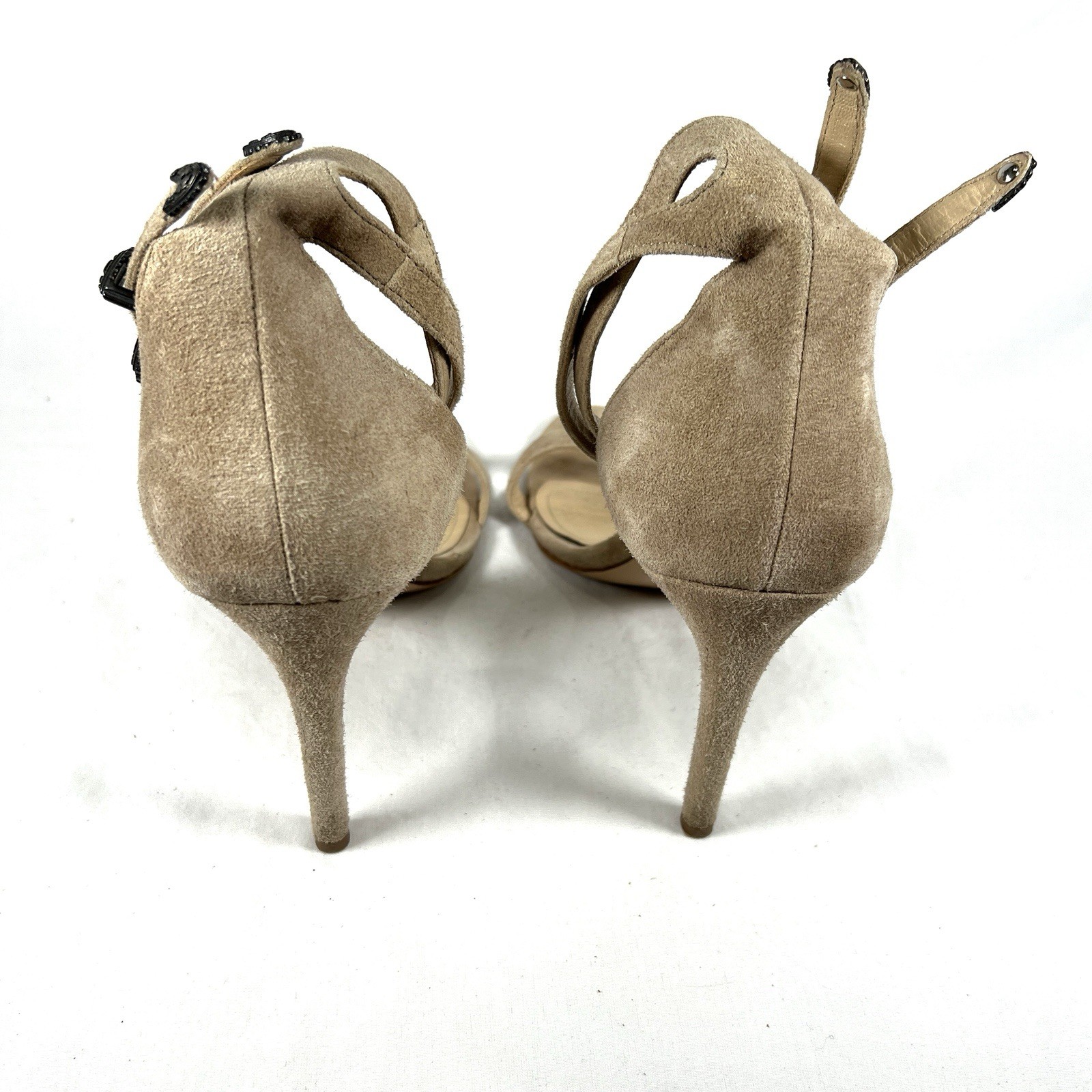 The Kooples Suede Western Ankle Strap Heels Buckle Sandals Nude Stiletto Sz.7.5