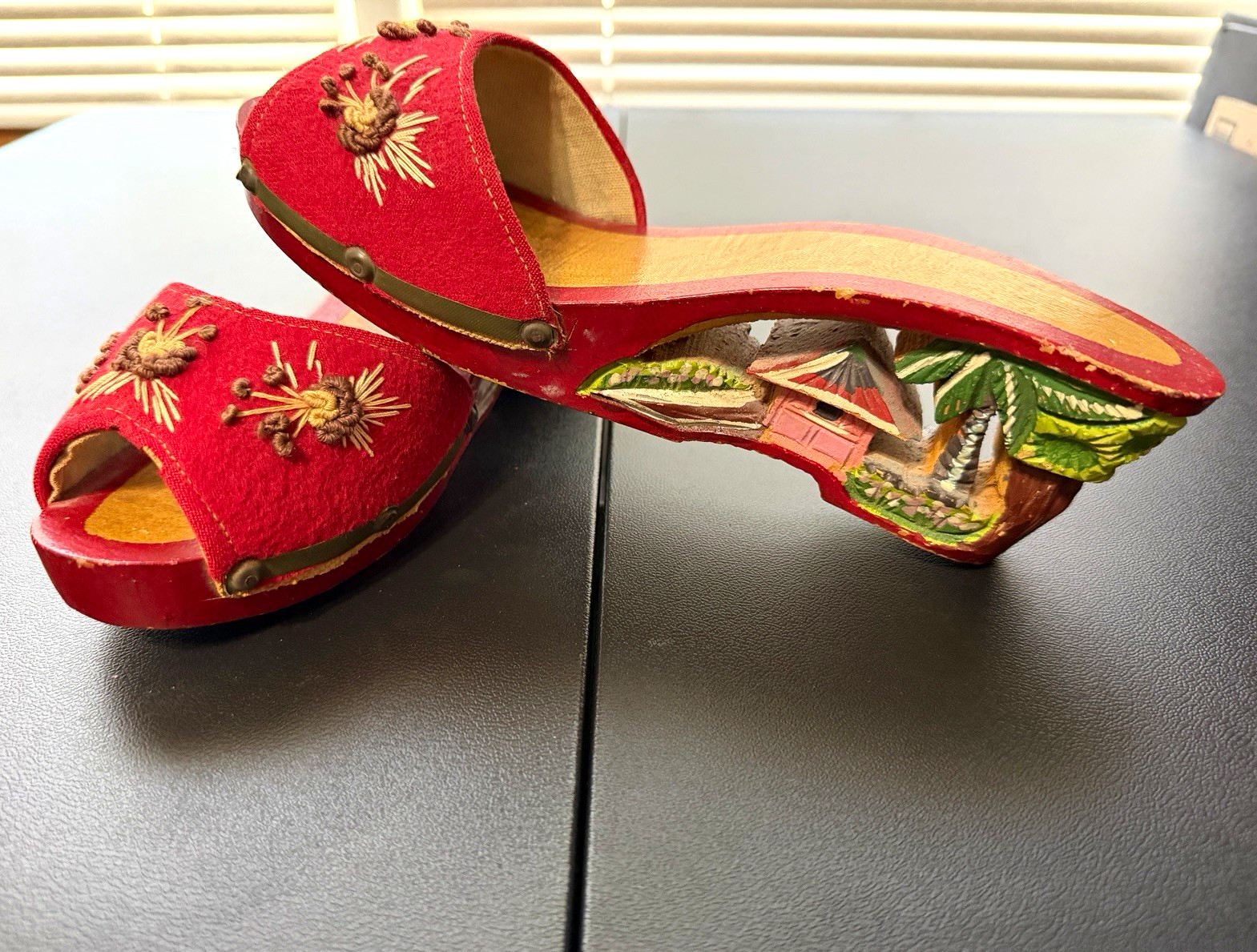 Vintage Hand Carved Wooden Clogs Red Felt Embroidered Souvenir Shoes Tropical