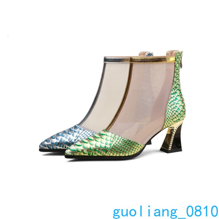 Snakeskin Women’s Mesh Leather Ankle Boots Pointed Toe Shoes Zip Block Heel Sexy