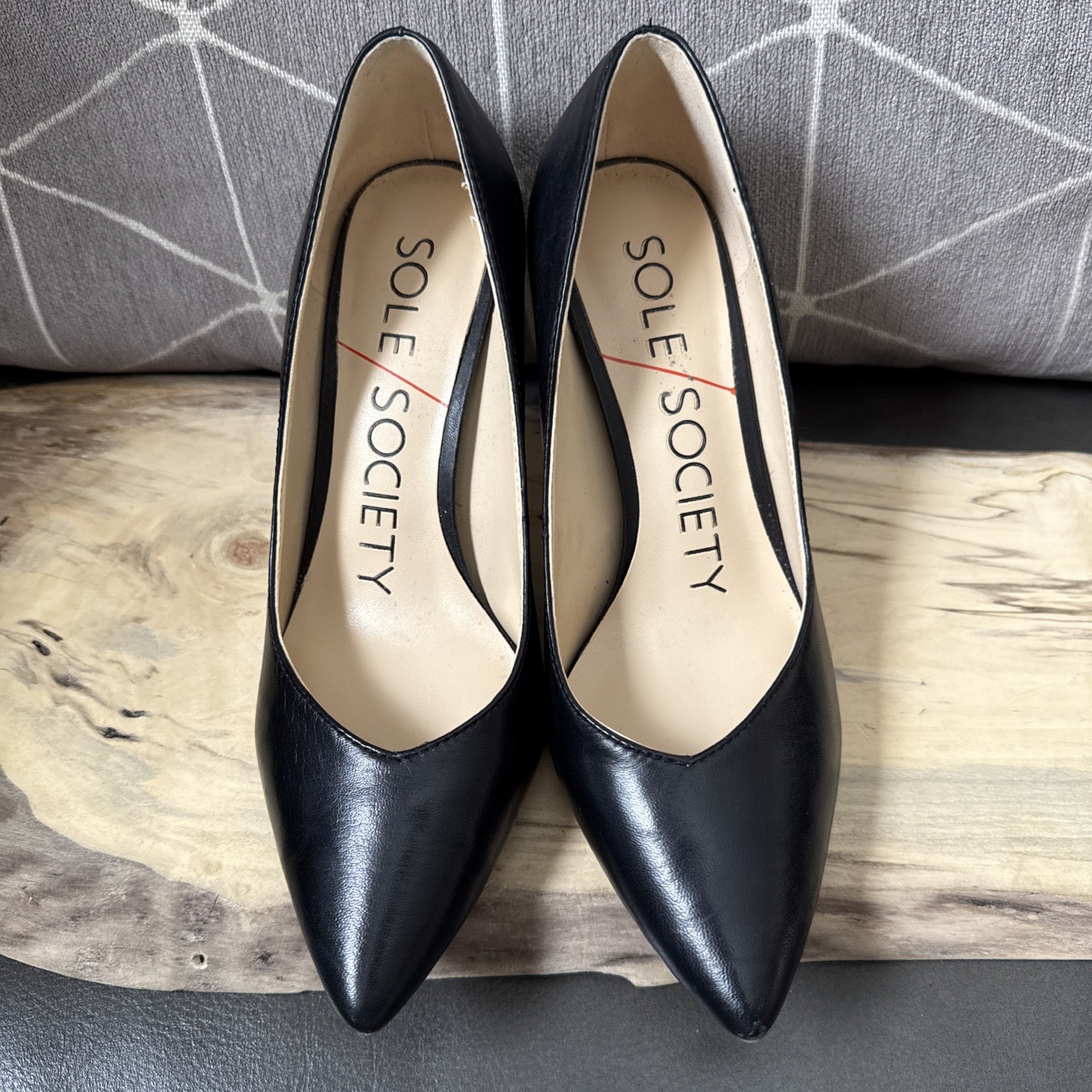 SOLE SOCIETY Point Toe Pumps Sz 6.5M Black Leather 3.25” Stiletto Heels LUNEIRA