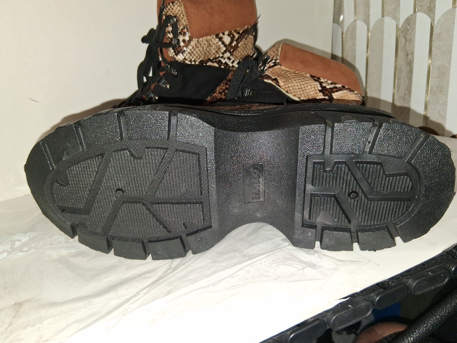 Bamboo Snake Print Platform Combat Boots.
