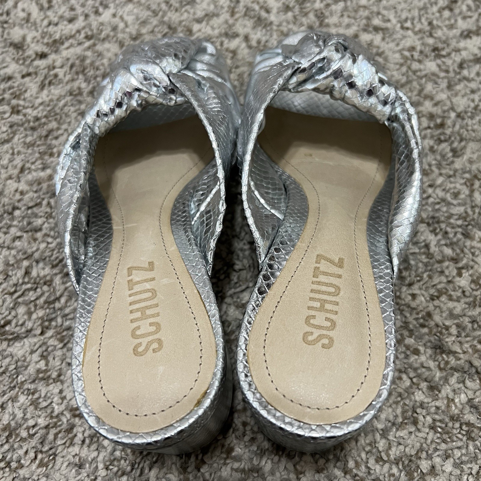 SCHUTZ Mindy Mid Metallic Silver Leather Block Heel Sandals Size 6