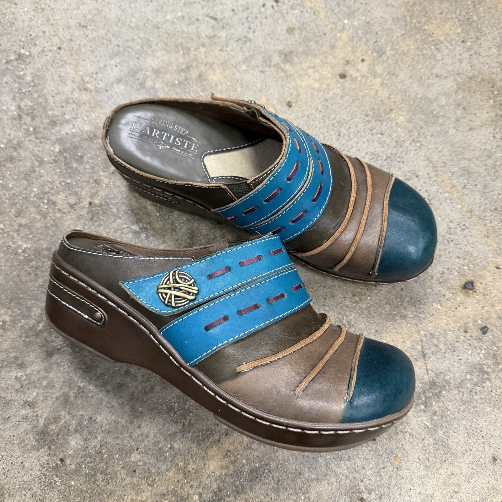 L’Artiste Spring Step Reggae Handpainted Leather Clogs Mules Blue Brown 39 US 8