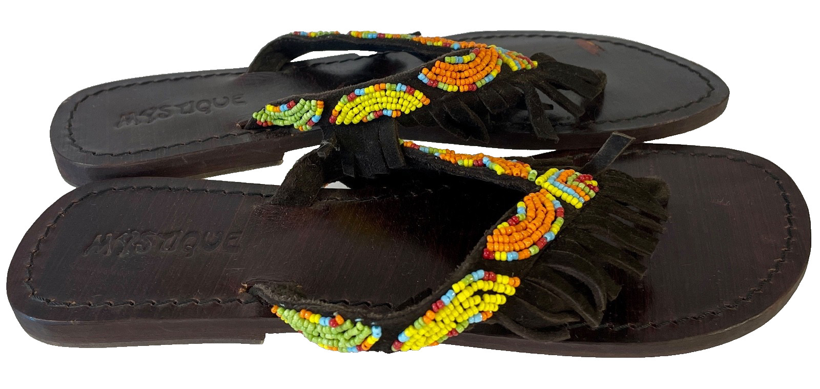 MYSTIQUE Handmade Beaded Suede Leather Fringe Thong Sandal 9 fits 8 Brown $240