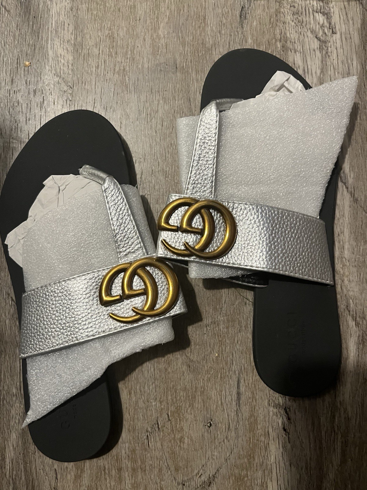Gucci GG Marmont Logo Slide Sandals Women US 6.5 EU 37 Silver/Black Leather