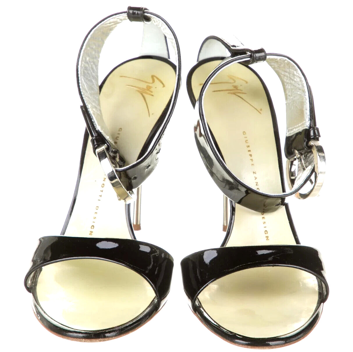 Designer Giuseppe Zanotti Black Patent Leather Ankle Strap Metal Heel Sandals 8