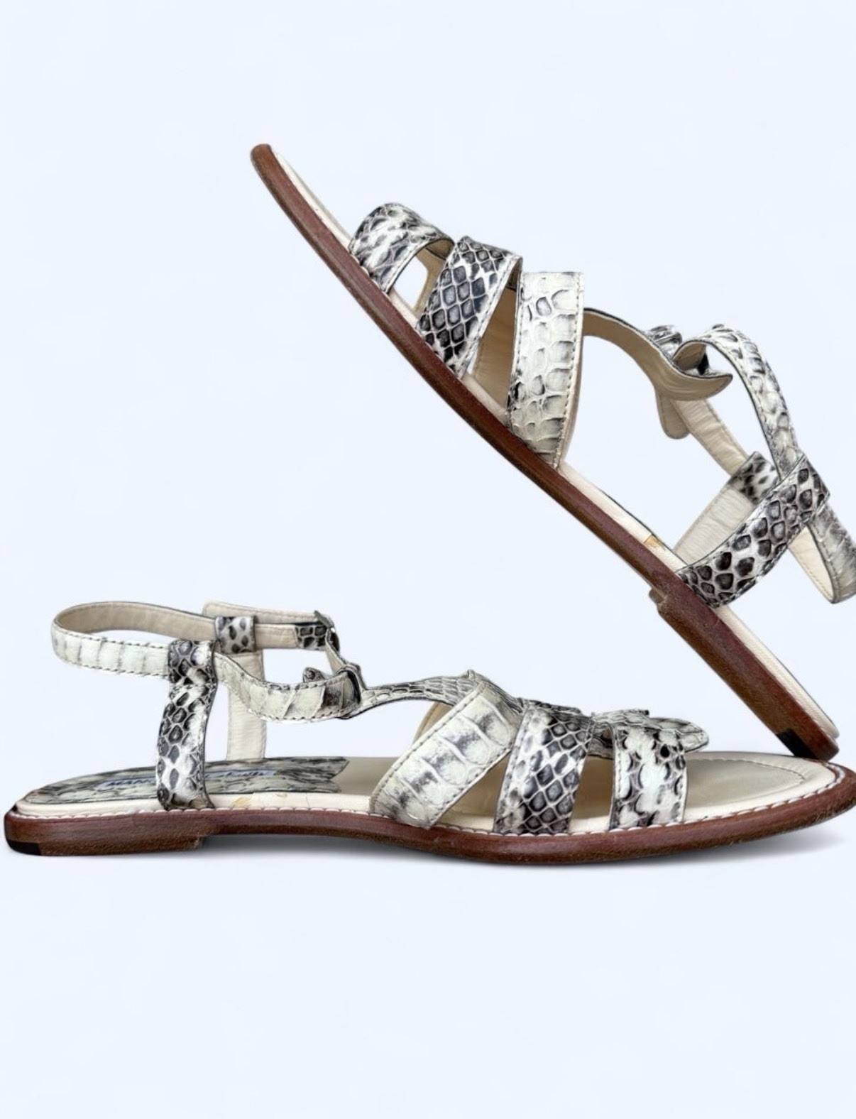 Manolo Blahnik Designer White & Black Snake Print Strappy Sandals Size EU 36.5