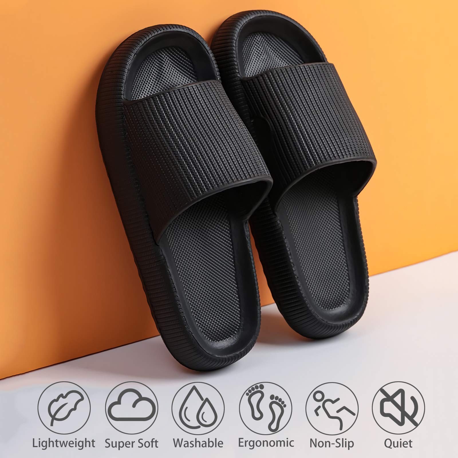 Size 40 Cloud Pillow Slippers, Ultra-Soft Quick-Dry Black Bathroom Slippers