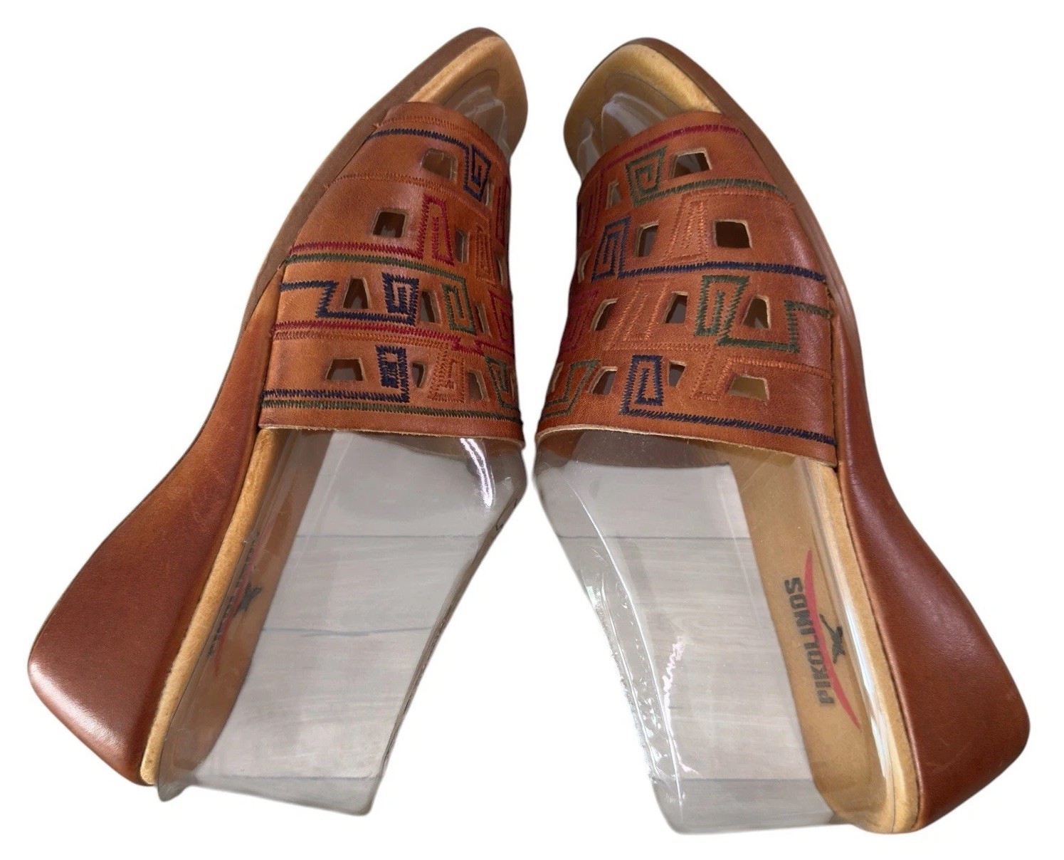 Pikolinos Leather Sandals Caramel Aztec Cutout Low Wedge Slides Size 7/38